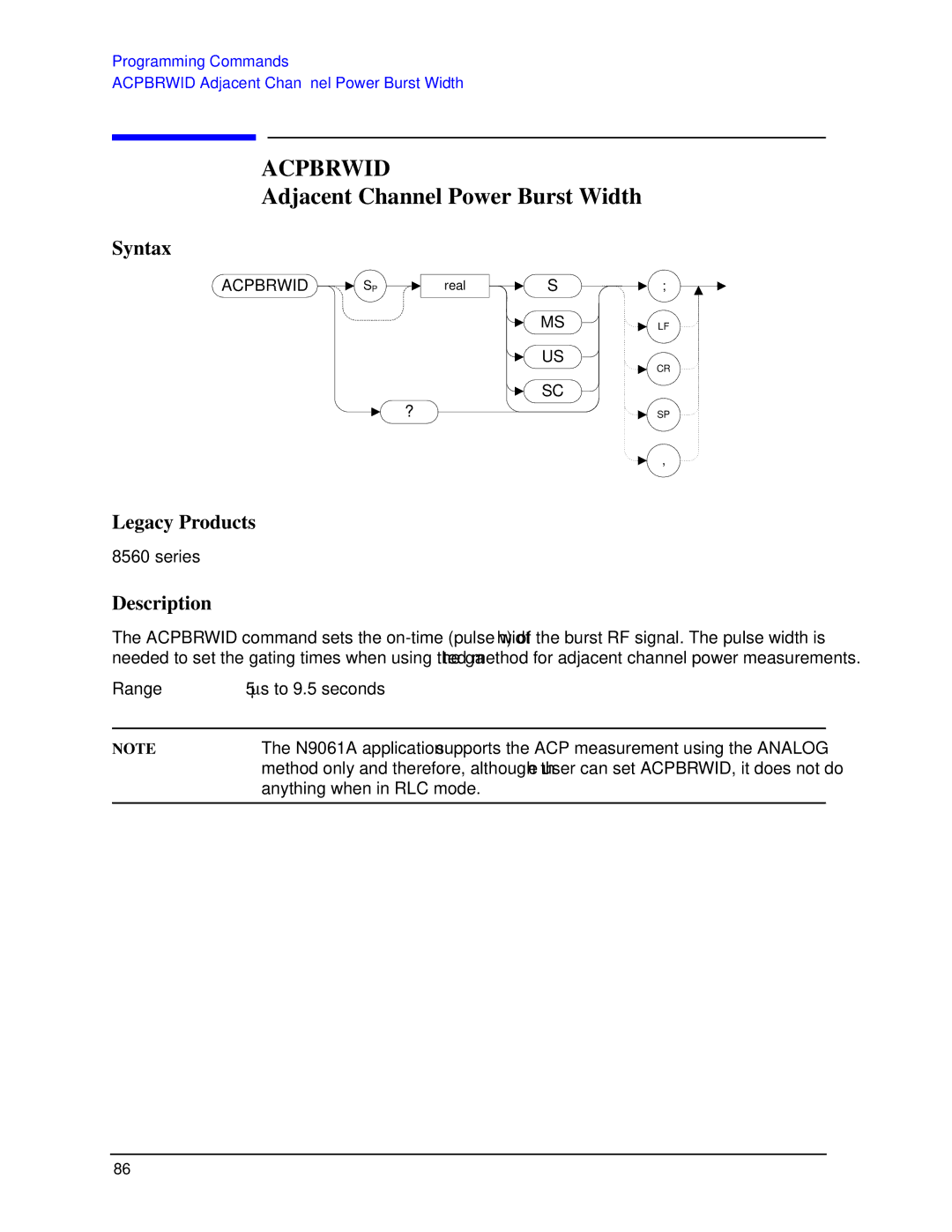 Agilent Technologies N9030a manual Acpbrwid, Adjacent Channel Power Burst Width 