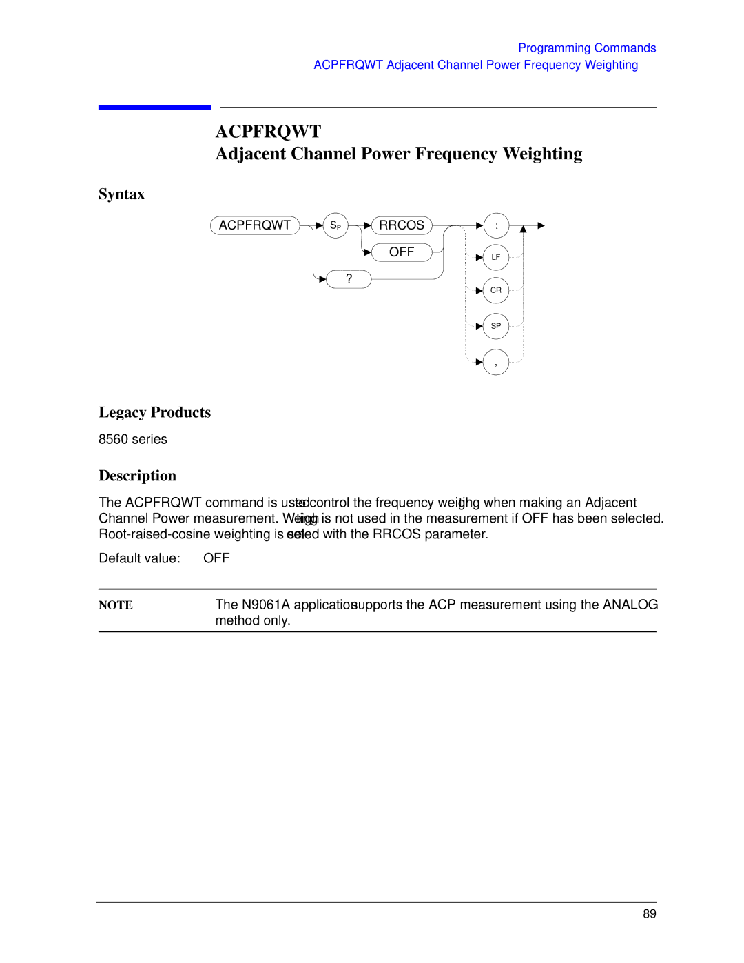Agilent Technologies N9030a manual Acpfrqwt, Adjacent Channel Power Frequency Weighting 