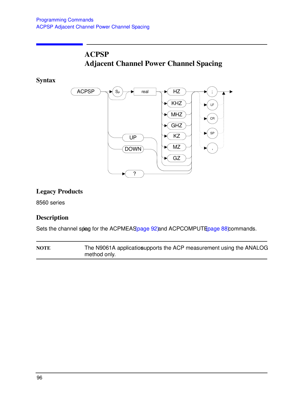 Agilent Technologies N9030a manual Acpsp, Adjacent Channel Power Channel Spacing 