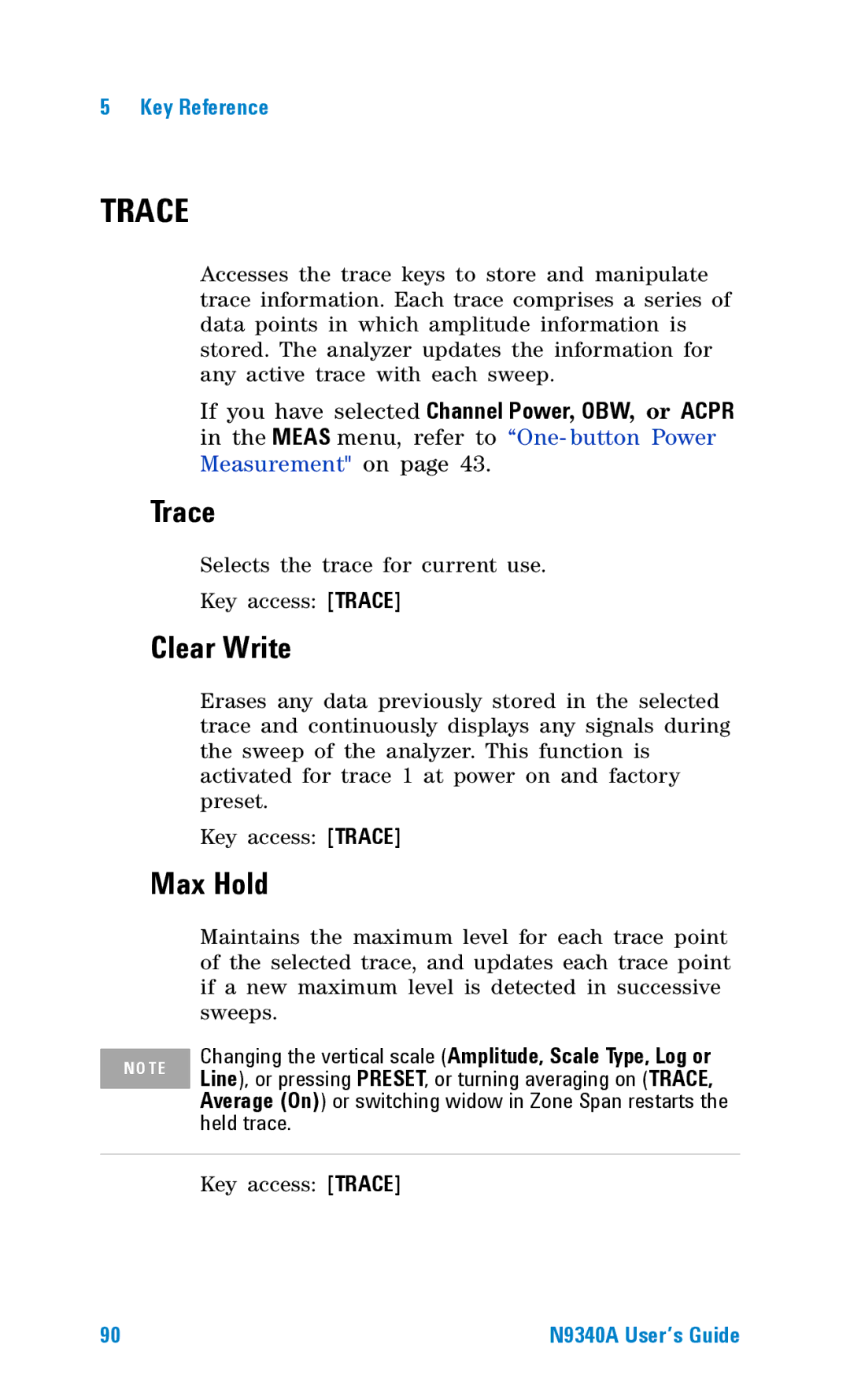Agilent Technologies N9340A manual Trace, Clear Write, Max Hold, Held trace 