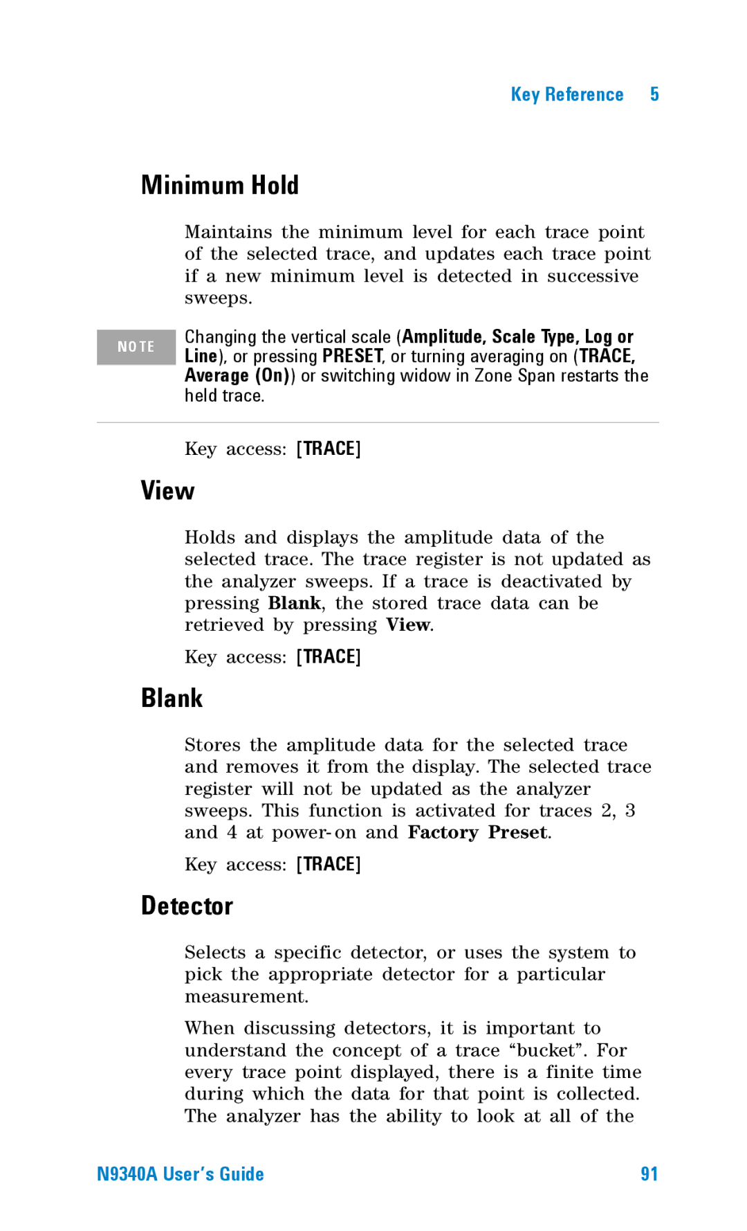 Agilent Technologies N9340A manual Minimum Hold, View, Blank, Detector 