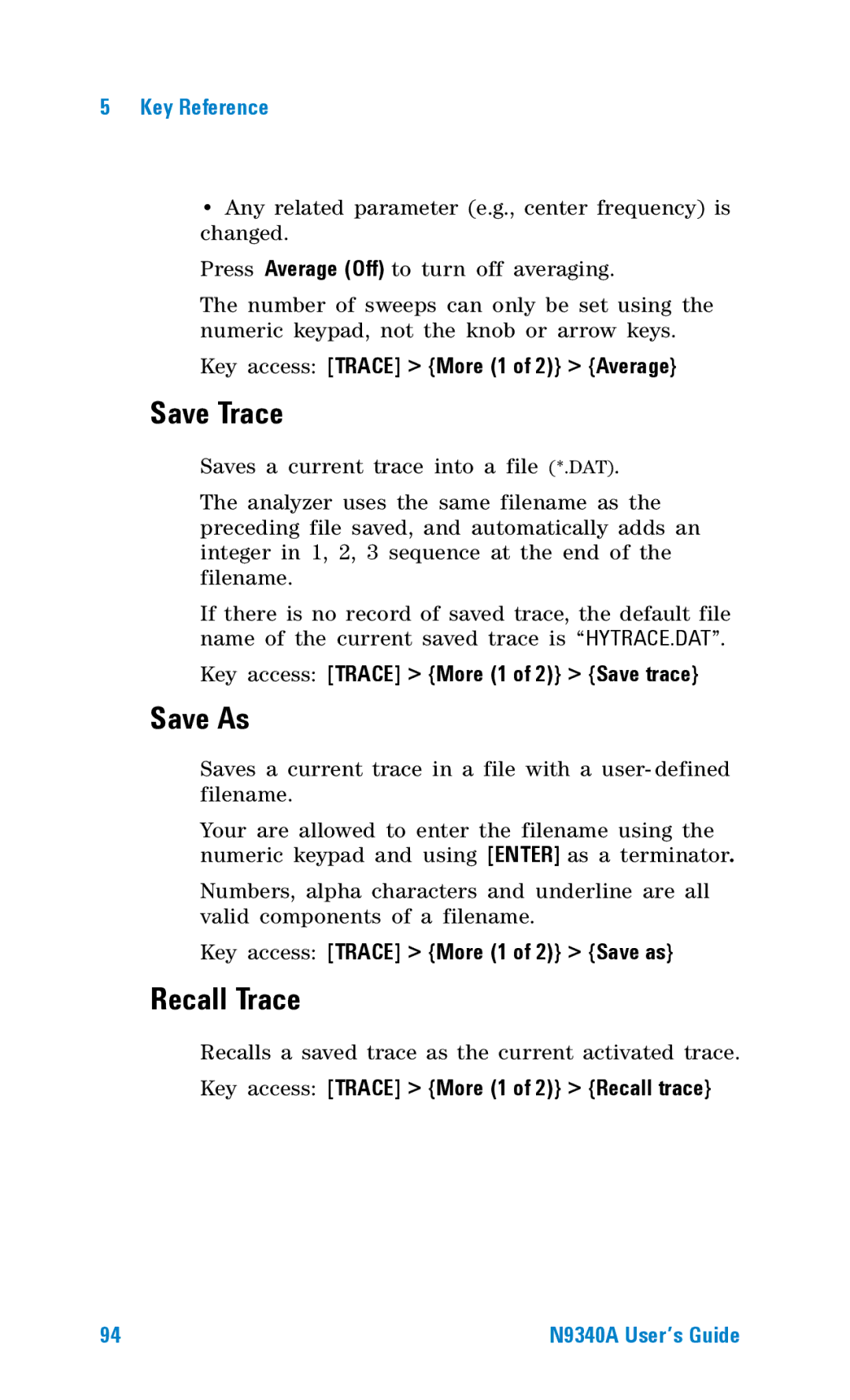 Agilent Technologies N9340A manual Save Trace, Save As, Recall Trace 