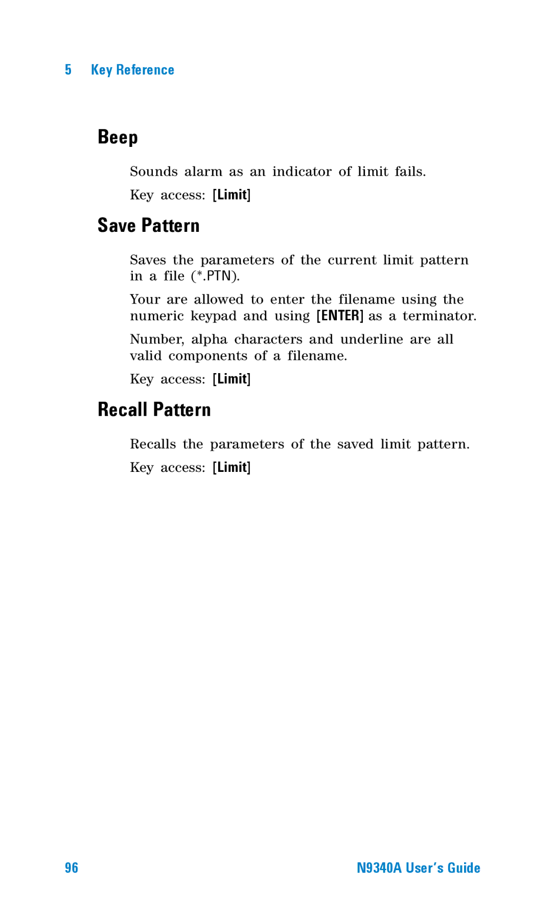 Agilent Technologies N9340A manual Beep, Save Pattern, Recall Pattern 