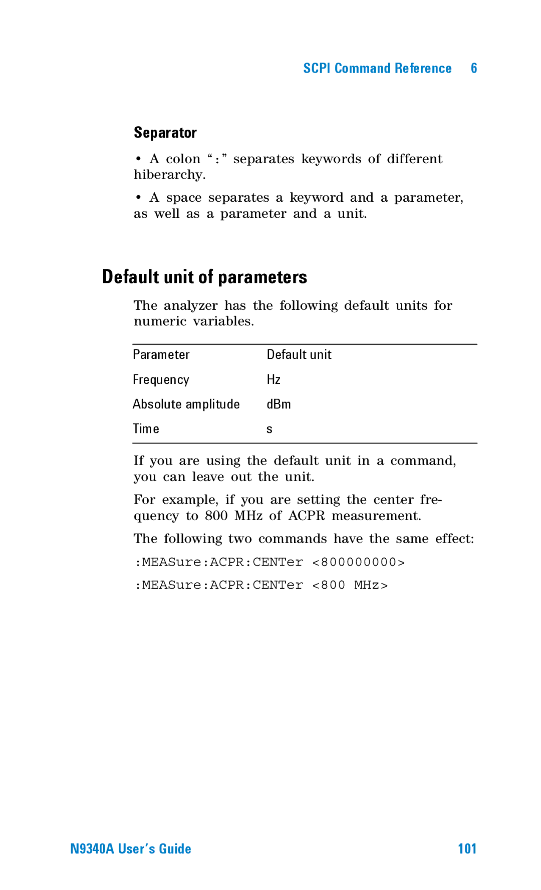 Agilent Technologies N9340A manual Default unit of parameters, Separator 