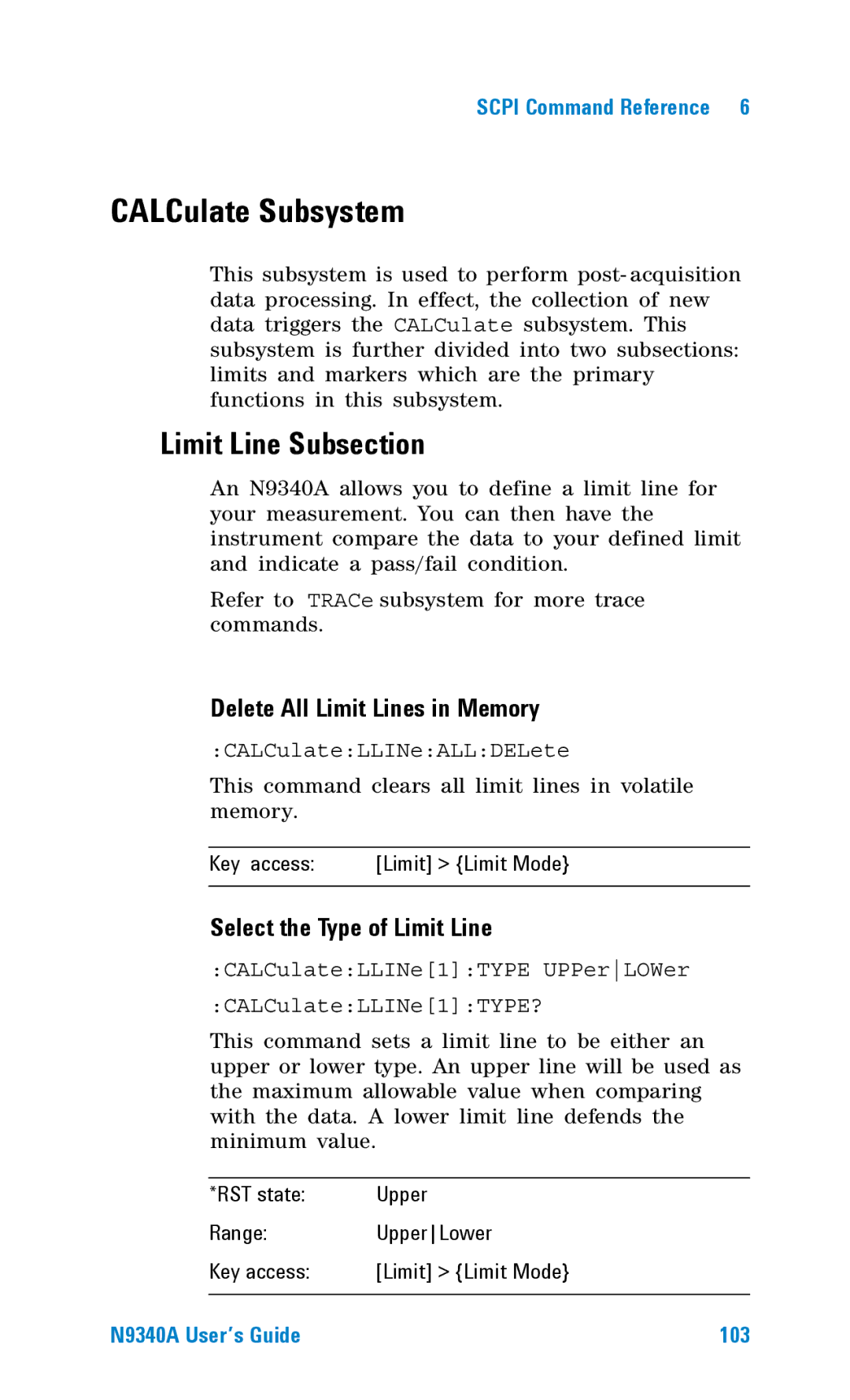 Agilent Technologies N9340A manual CALCulate Subsystem, Limit Line Subsection, Delete All Limit Lines in Memory, Key access 