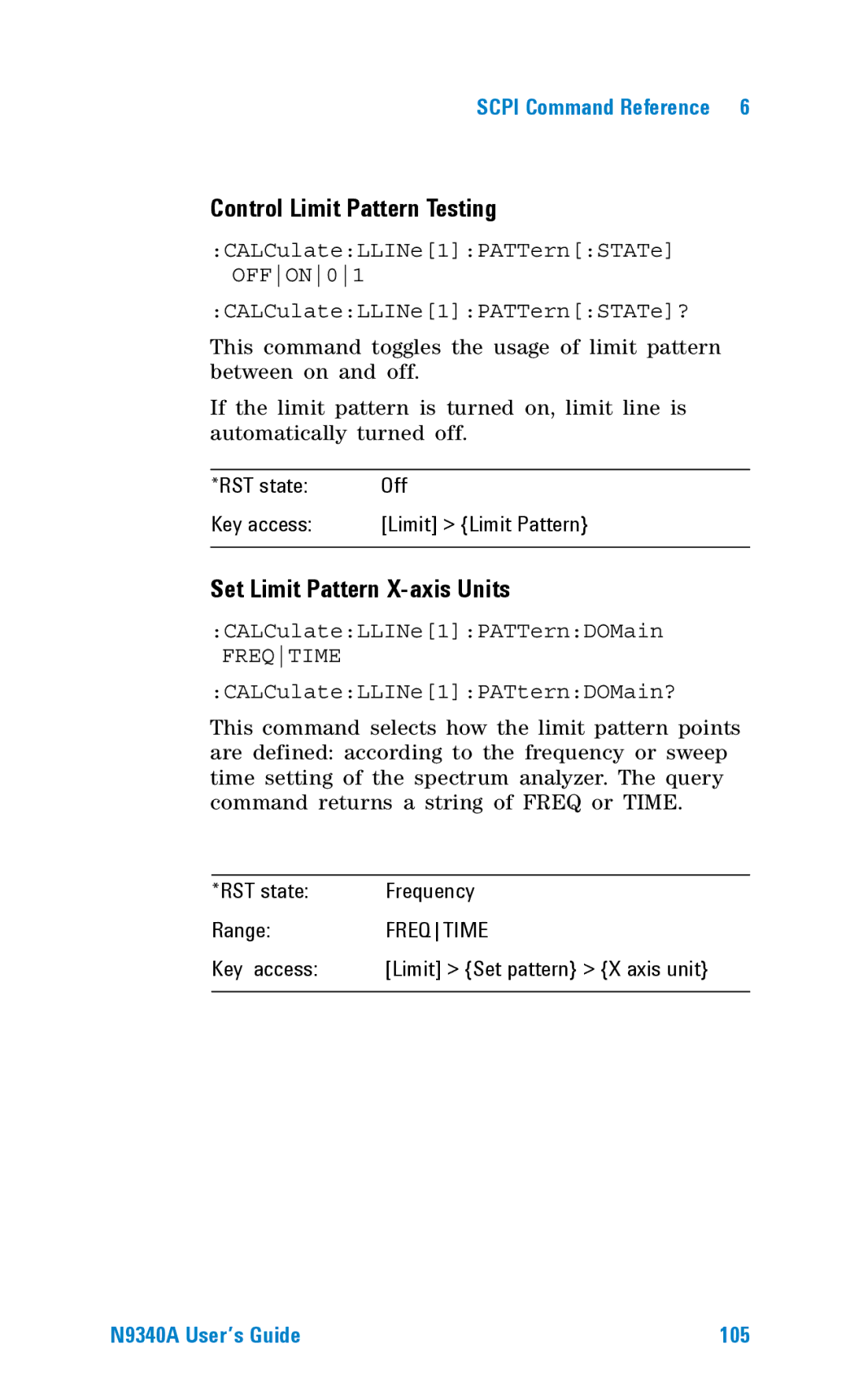 Agilent Technologies N9340A manual Control Limit Pattern Testing, Set Limit Pattern X-axis Units, RST state Frequency Range 