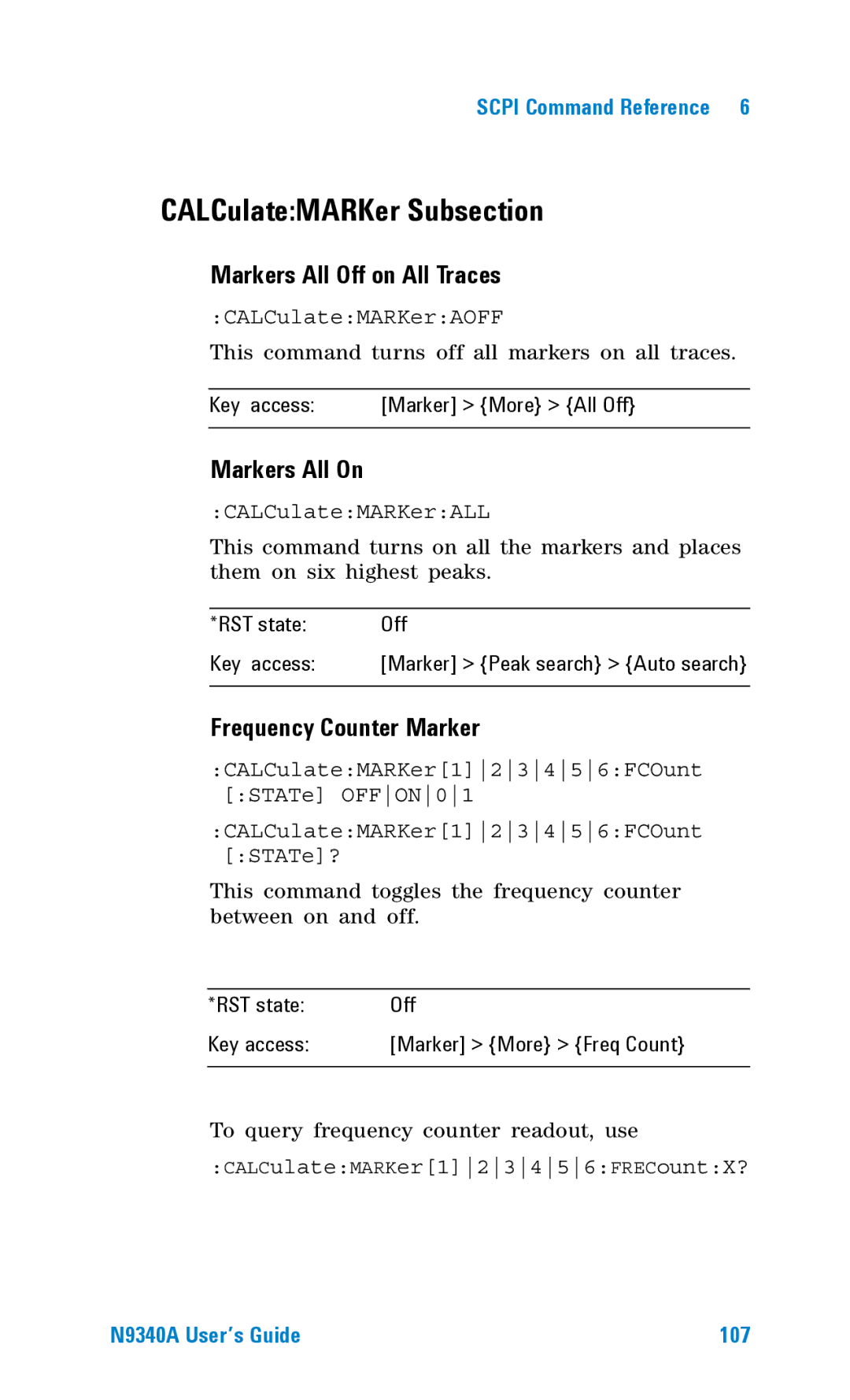 Agilent Technologies N9340A manual CALCulateMARKer Subsection, Markers All Off on All Traces, Markers All On 