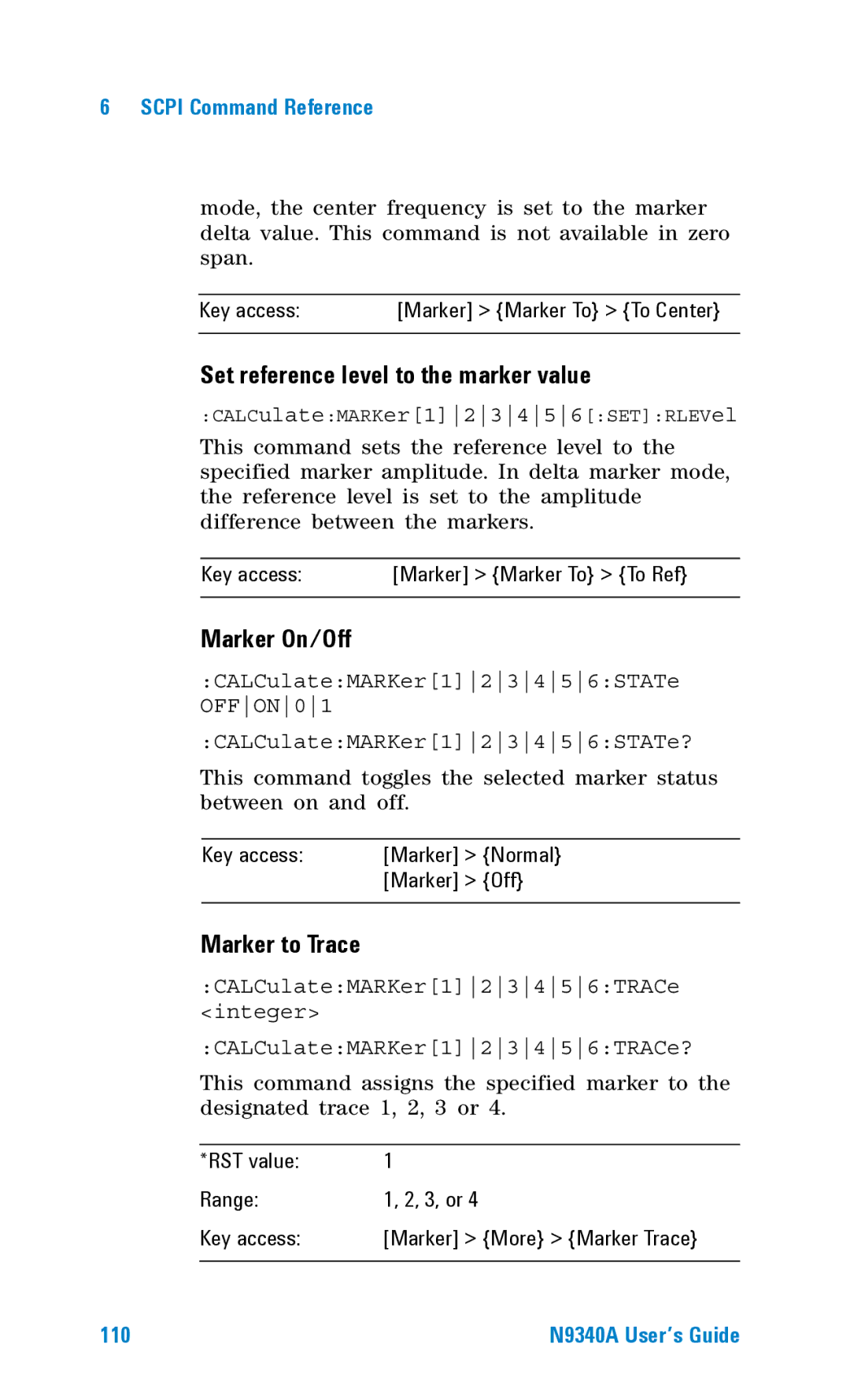Agilent Technologies N9340A manual Set reference level to the marker value, Marker On/Off, Marker to Trace 