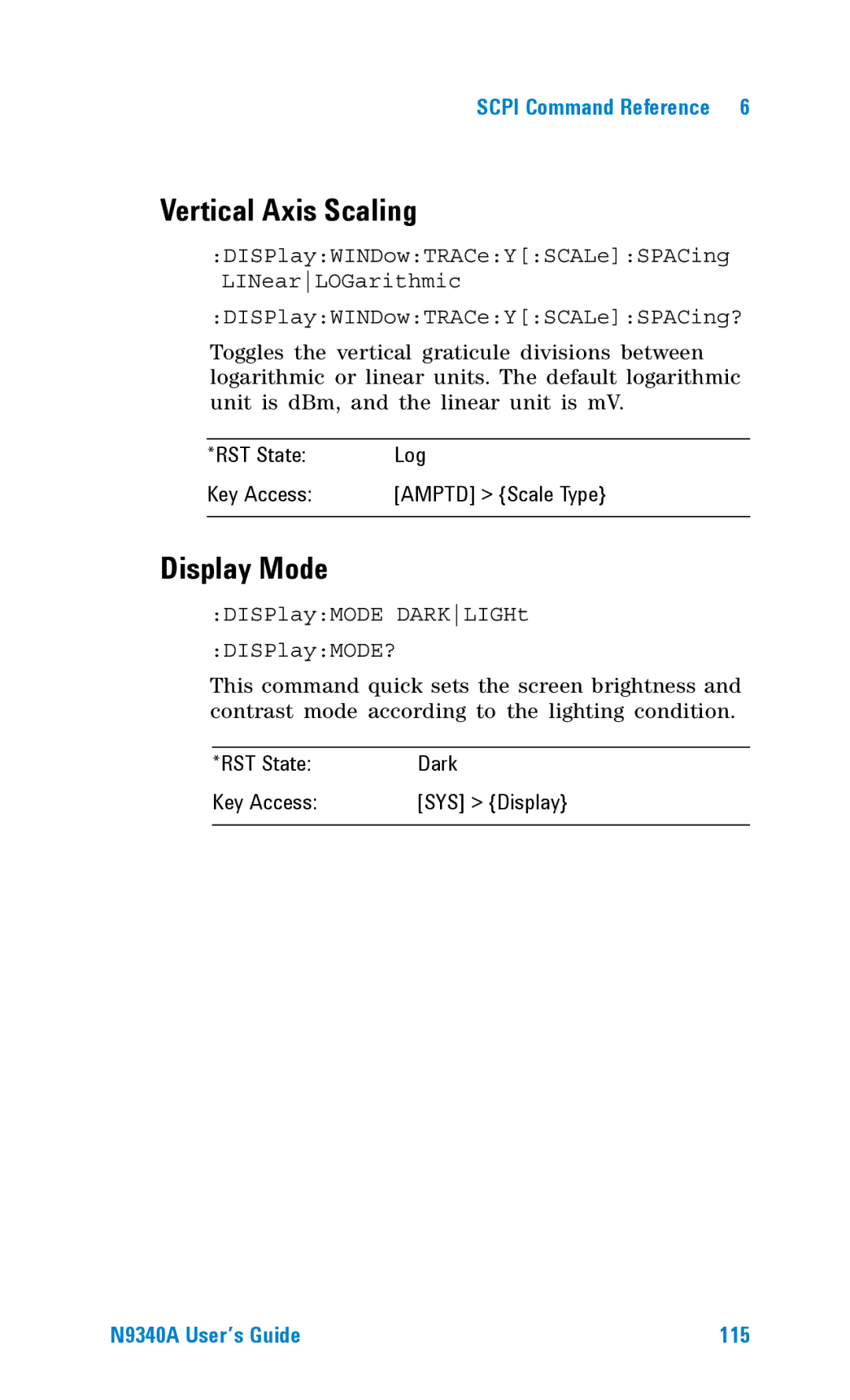 Agilent Technologies N9340A manual Vertical Axis Scaling, Display Mode, RST State Log Key Access Amptd Scale Type 