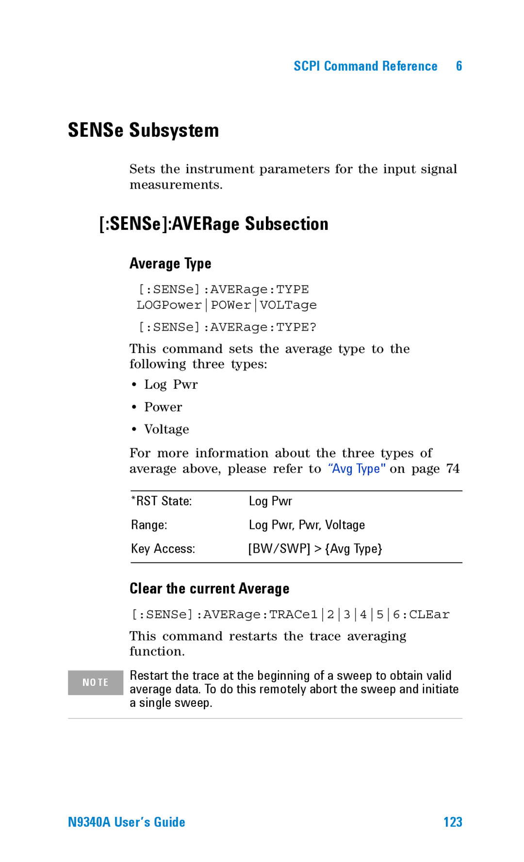 Agilent Technologies N9340A manual SENSe Subsystem, SENSeAVERage Subsection, Average Type, Clear the current Average 