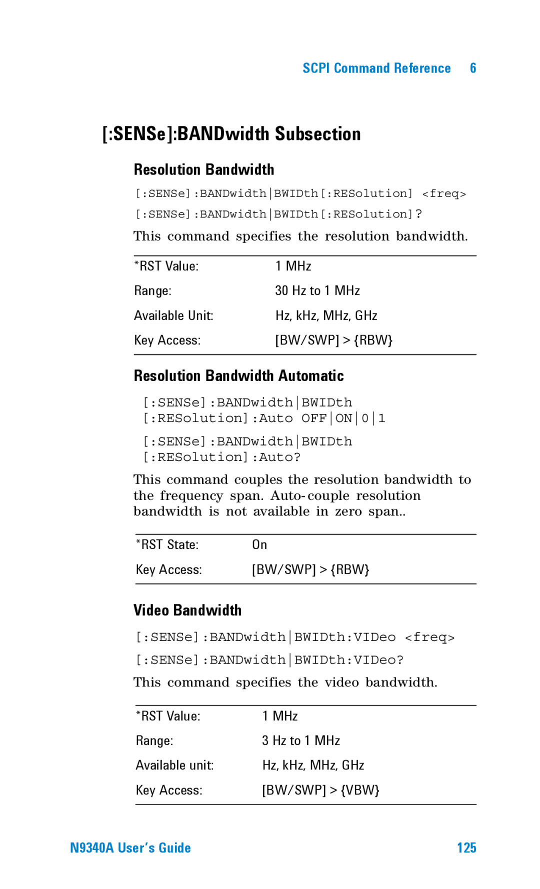 Agilent Technologies N9340A manual SENSeBANDwidth Subsection, Resolution Bandwidth Automatic, Video Bandwidth 