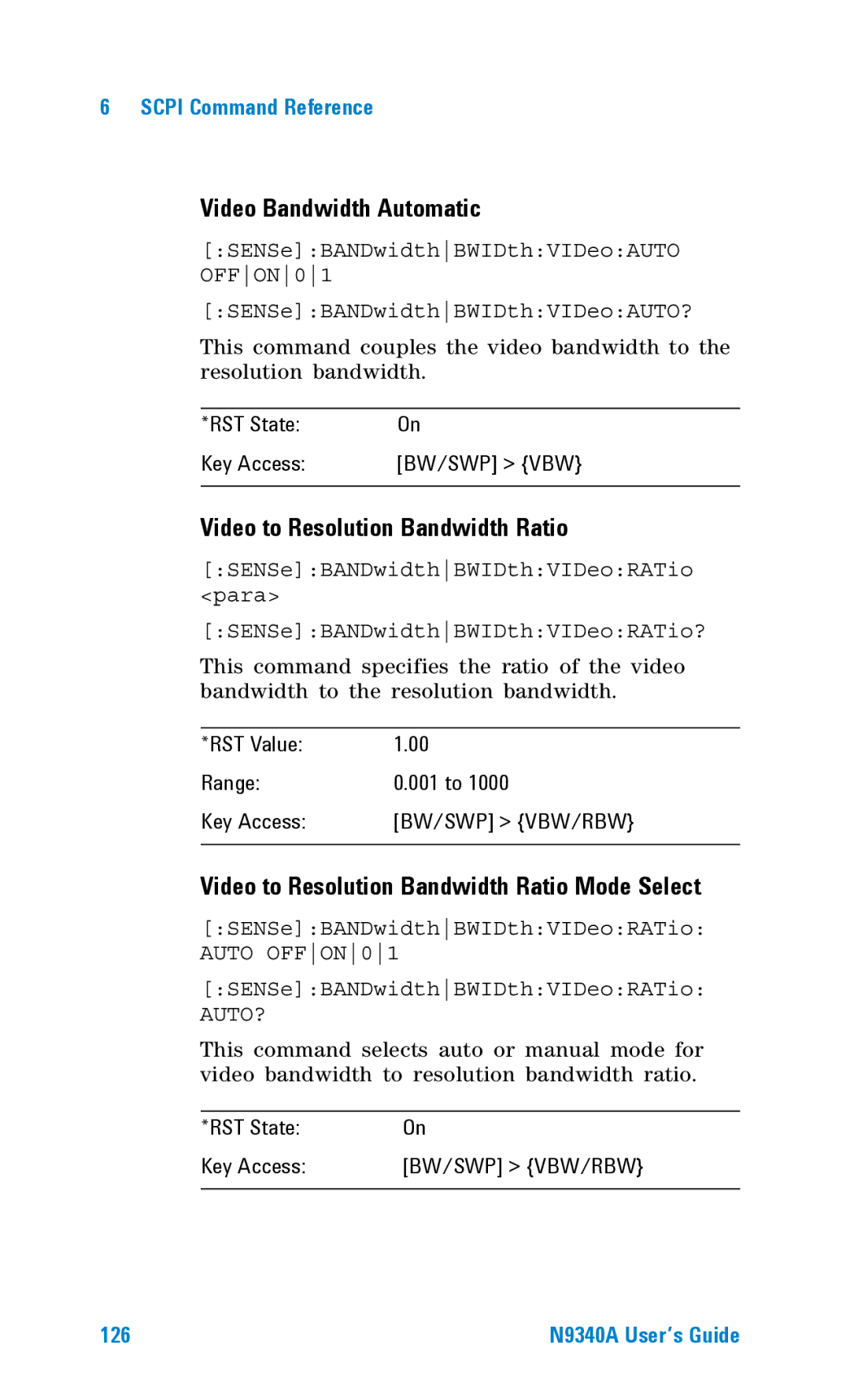 Agilent Technologies N9340A manual Video Bandwidth Automatic, Video to Resolution Bandwidth Ratio 