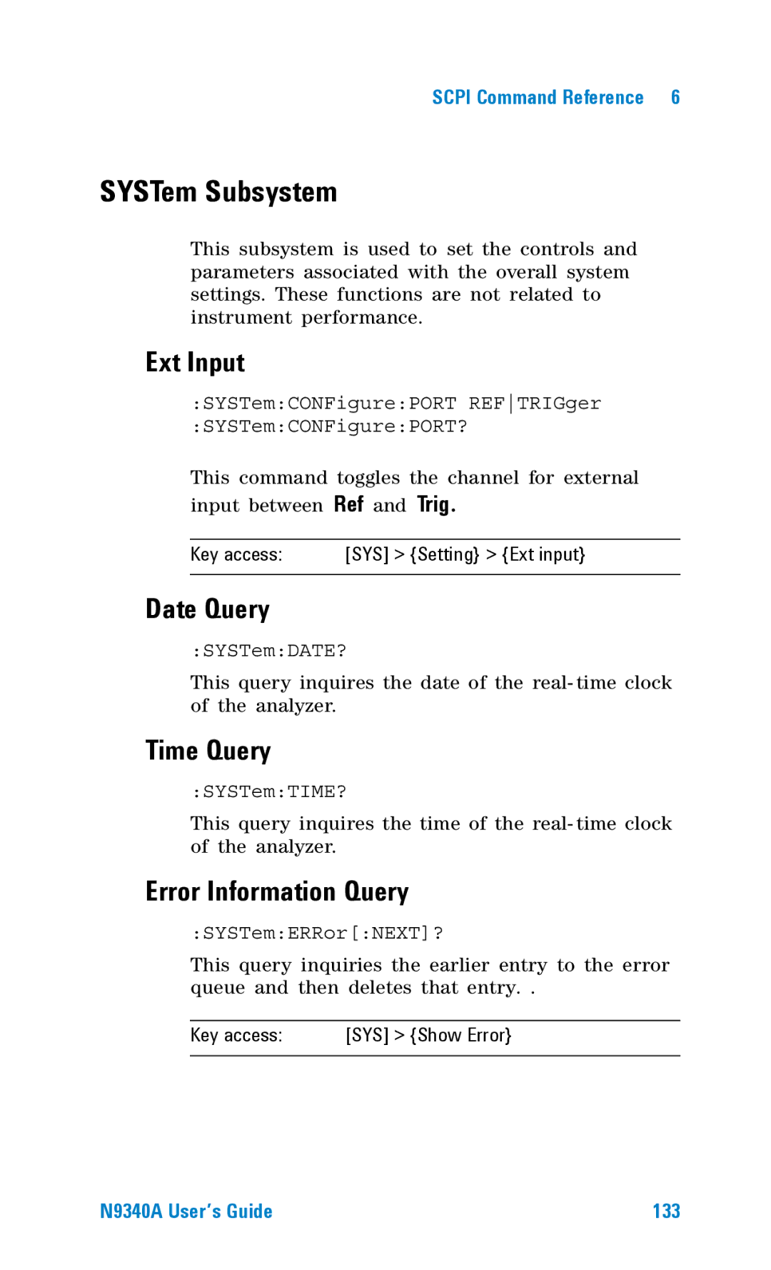 Agilent Technologies N9340A manual SYSTem Subsystem, Date Query, Time Query, Error Information Query 