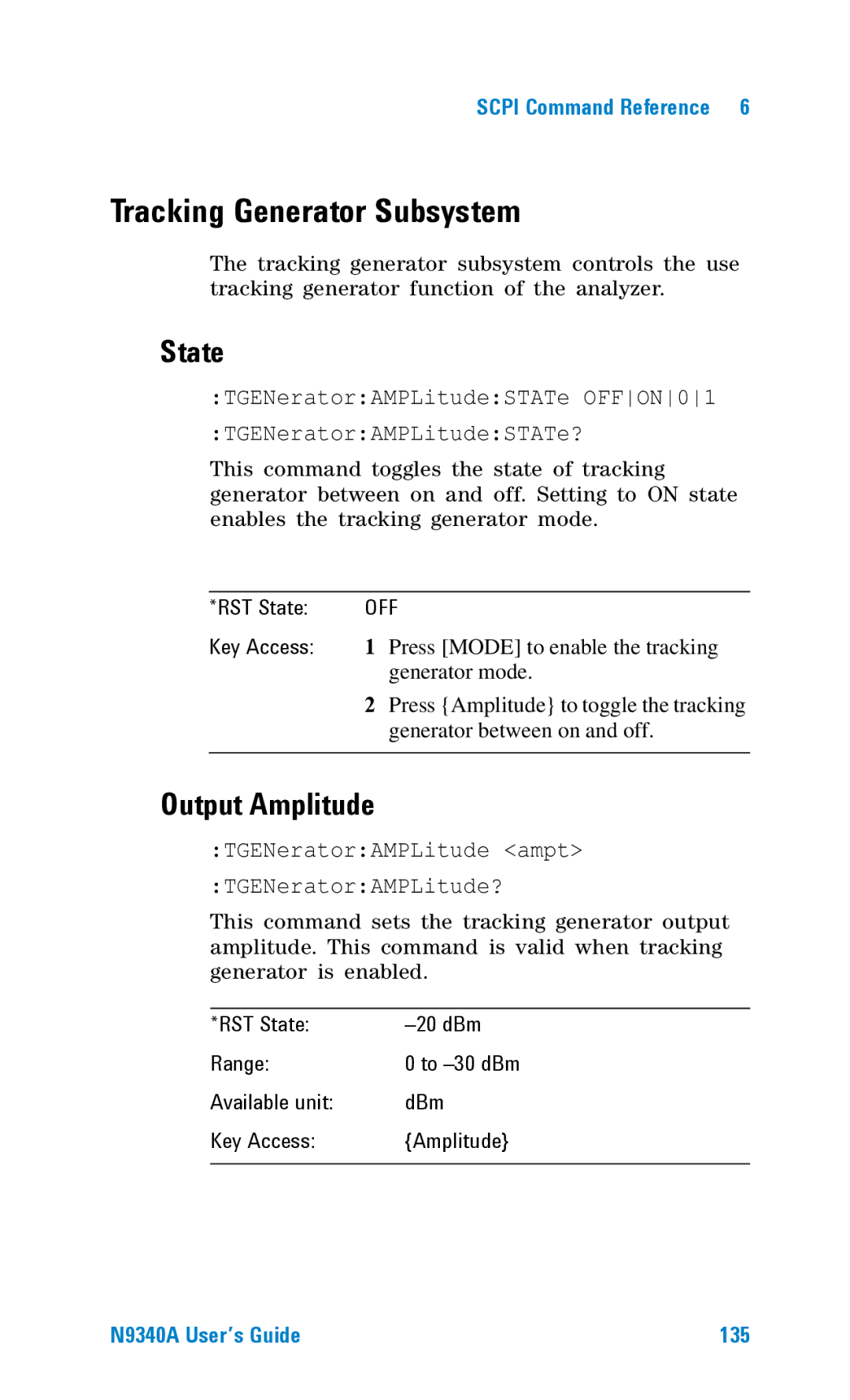 Agilent Technologies N9340A manual Tracking Generator Subsystem, State, Output Amplitude 