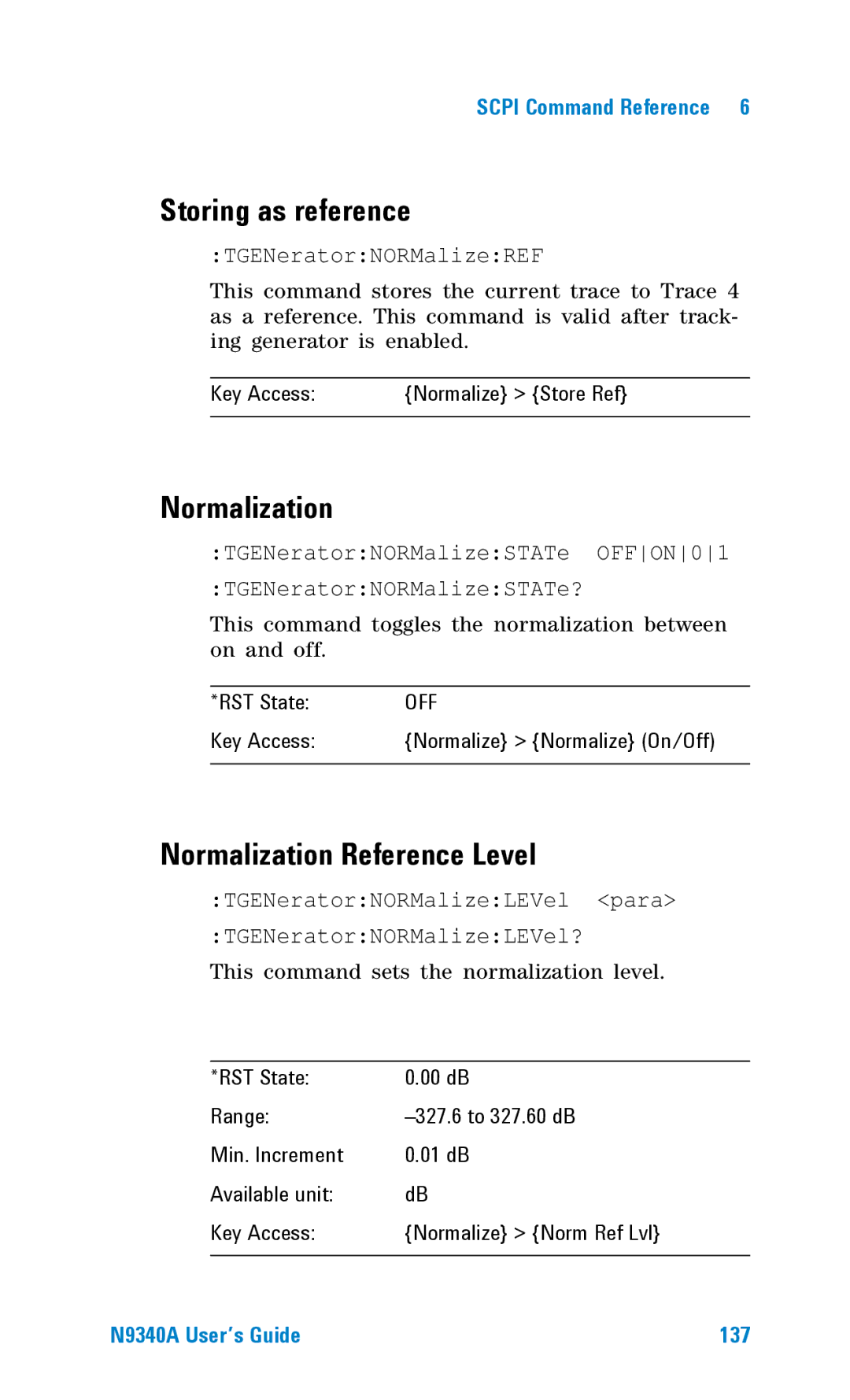 Agilent Technologies N9340A Storing as reference, Normalization Reference Level, Key Access Normalize Normalize On/Off 