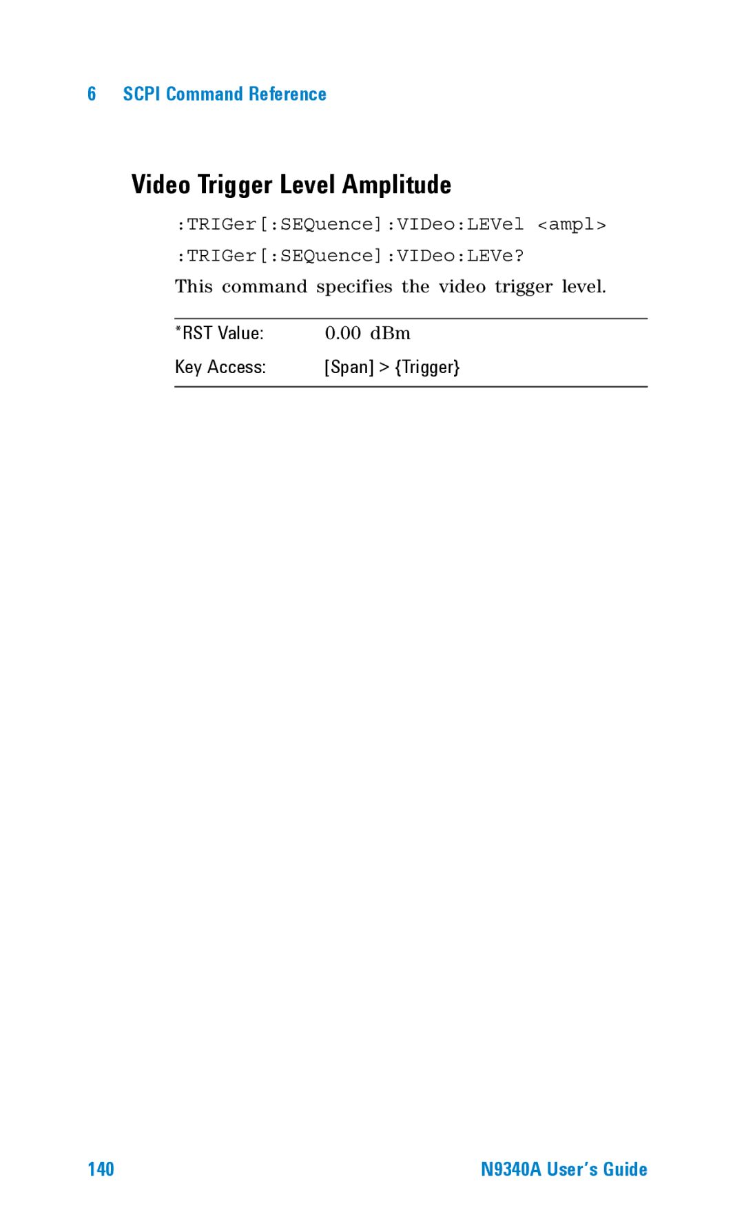 Agilent Technologies N9340A manual Video Trigger Level Amplitude, RST Value 