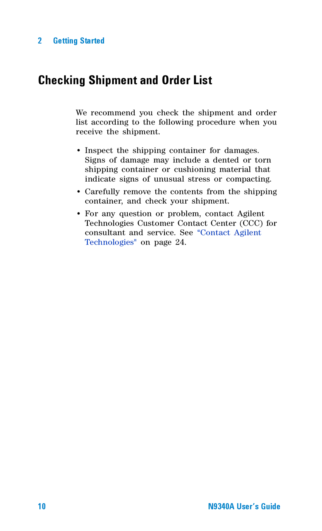 Agilent Technologies N9340A manual Checking Shipment and Order List 