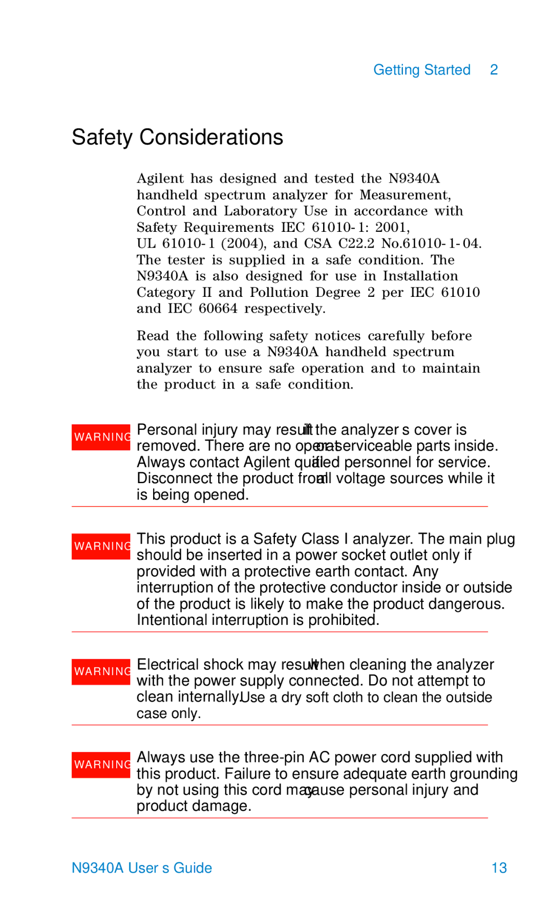 Agilent Technologies N9340A manual Safety Considerations, Case only 