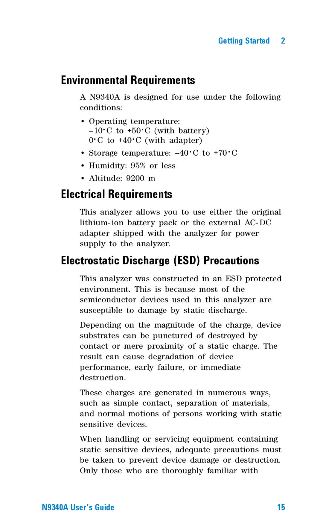 Agilent Technologies N9340A Environmental Requirements, Electrical Requirements, Electrostatic Discharge ESD Precautions 