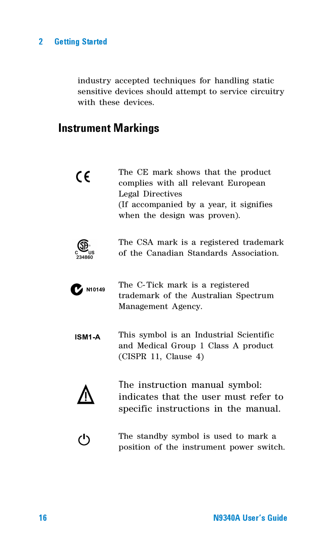 Agilent Technologies N9340A manual Instrument Markings 