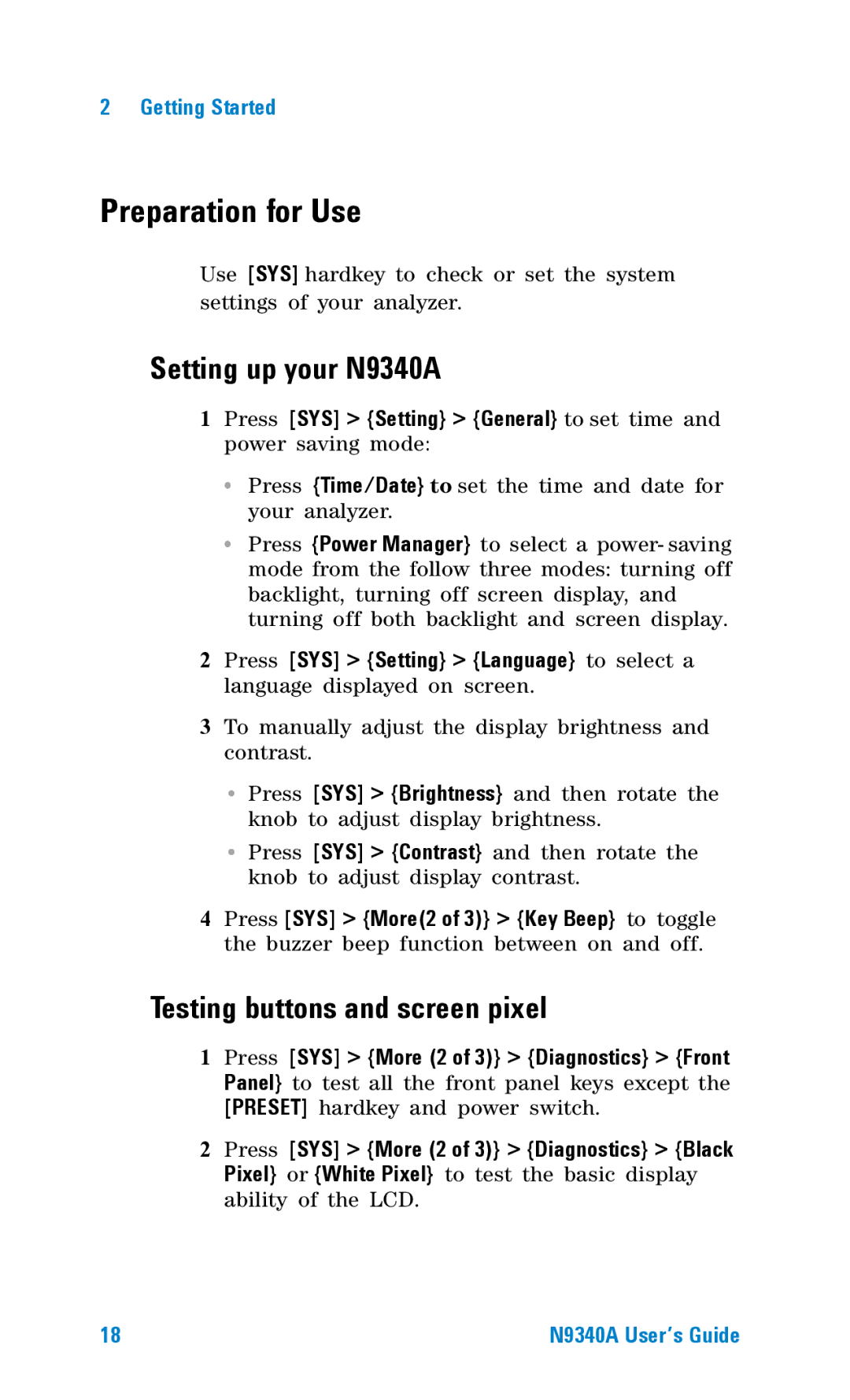 Agilent Technologies manual Preparation for Use, Setting up your N9340A, Testing buttons and screen pixel 