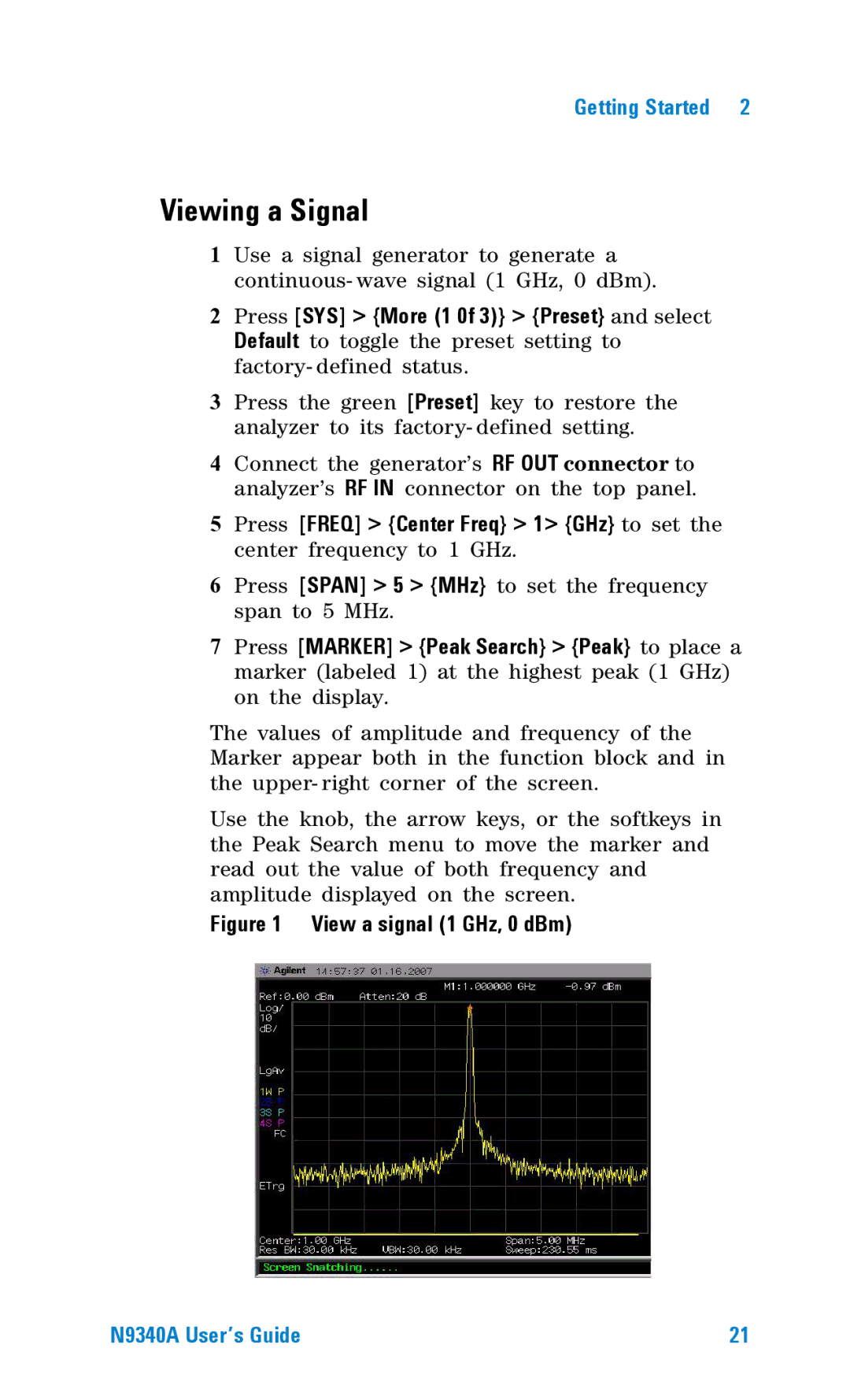 Agilent Technologies N9340A manual Viewing a Signal, Press SYS More 1 0f 3 Preset and select 