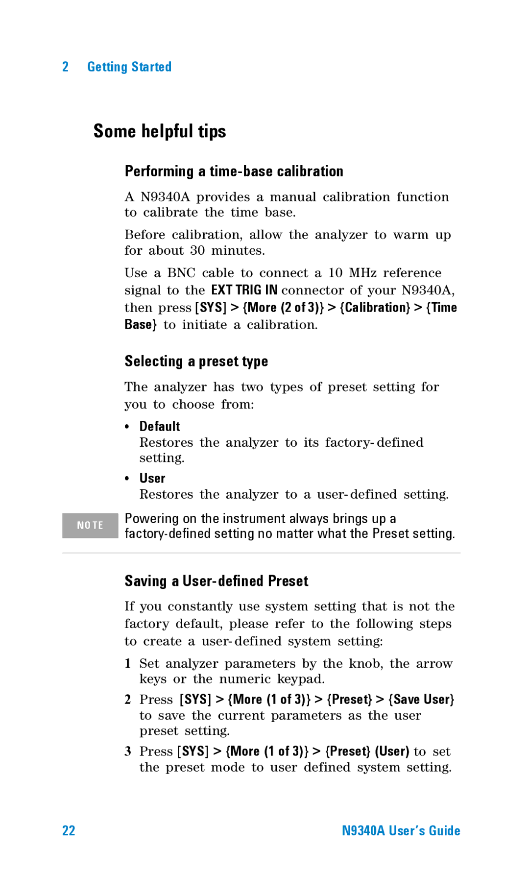 Agilent Technologies N9340A manual Some helpful tips, Performing a time-base calibration, Selecting a preset type 