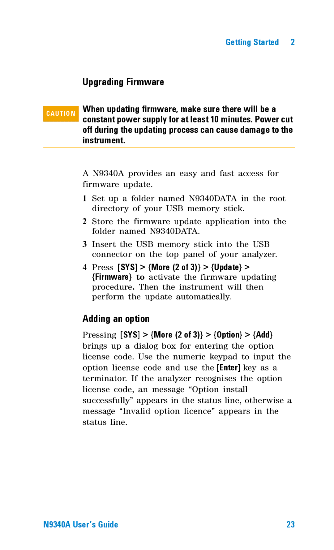 Agilent Technologies N9340A manual Upgrading Firmware, Adding an option 