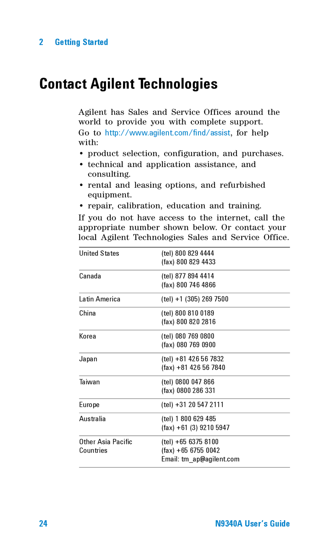 Agilent Technologies N9340A manual Contact Agilent Technologies 