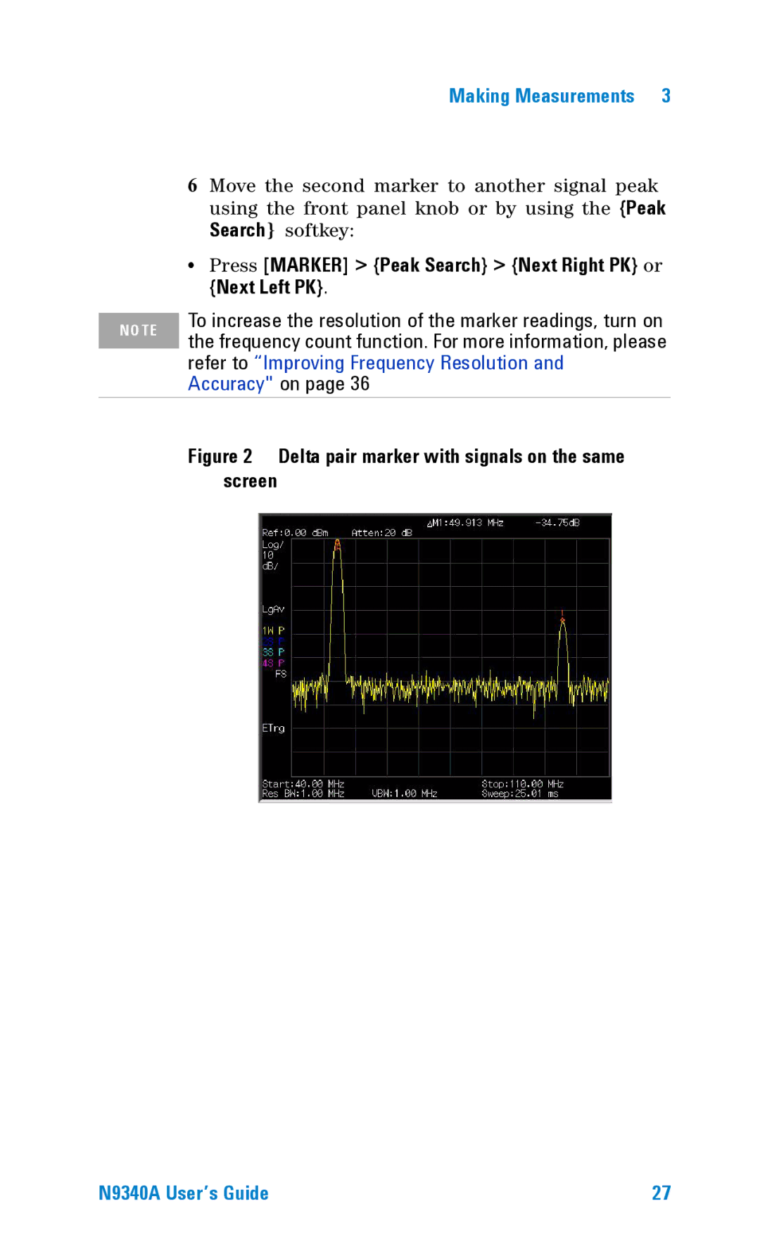 Agilent Technologies N9340A manual Next Left PK, Screen 