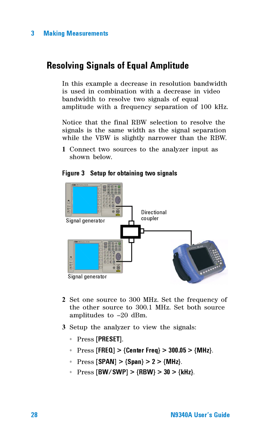 Agilent Technologies N9340A manual Resolving Signals of Equal Amplitude, Setup for obtaining two signals 