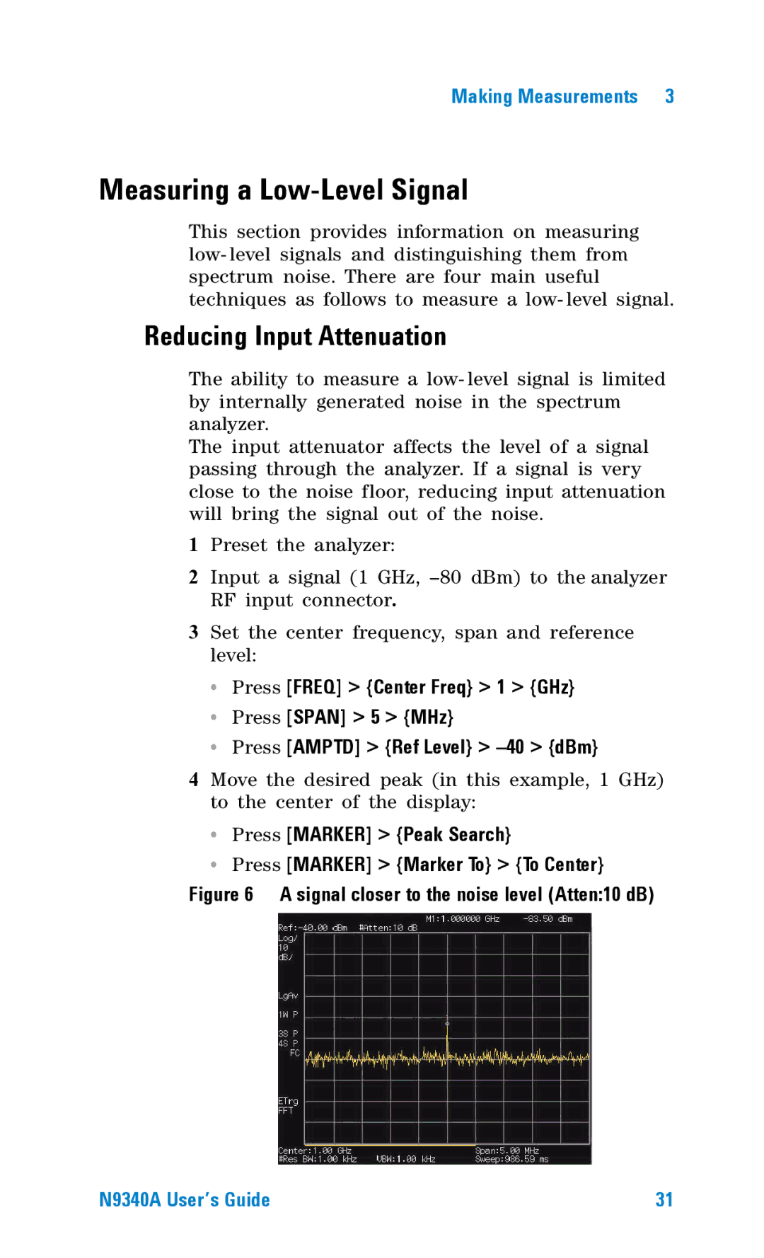 Agilent Technologies N9340A manual Measuring a Low-Level Signal, Reducing Input Attenuation 