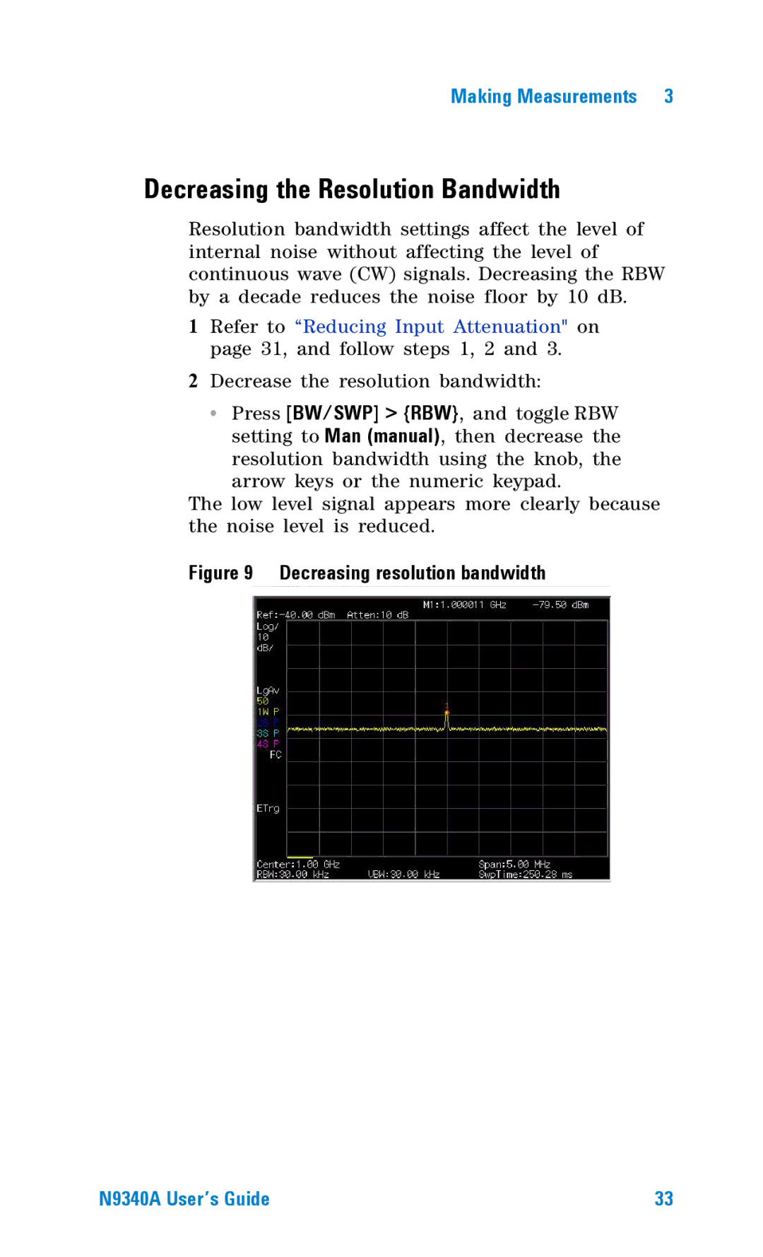 Agilent Technologies N9340A manual Decreasing the Resolution Bandwidth, Decreasing resolution bandwidth 