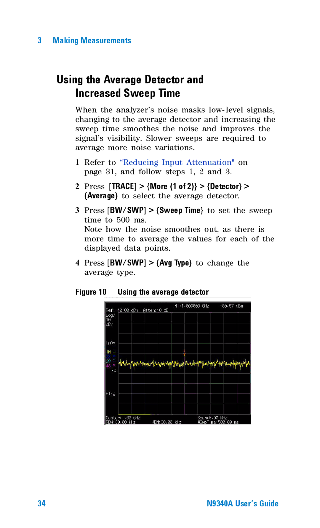 Agilent Technologies N9340A manual Using the Average Detector Increased Sweep Time, Using the average detector 