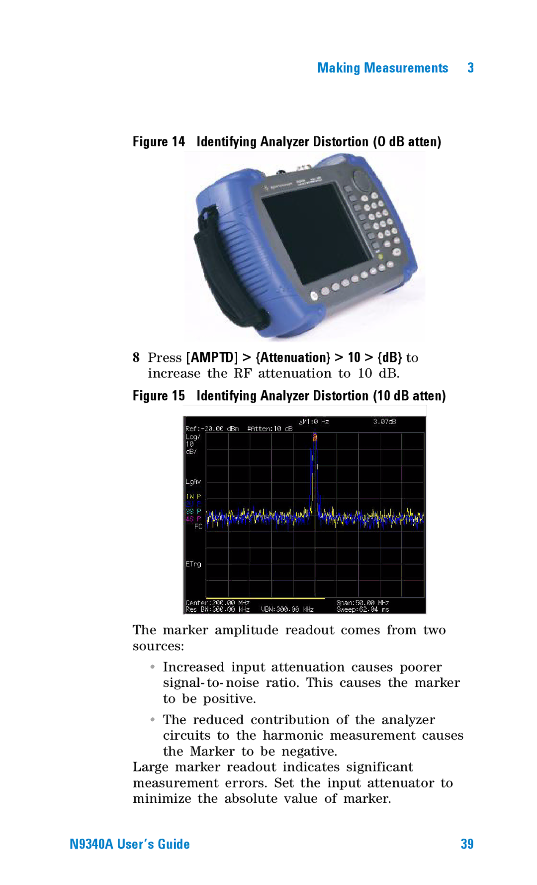 Agilent Technologies N9340A manual Identifying Analyzer Distortion 10 dB atten 