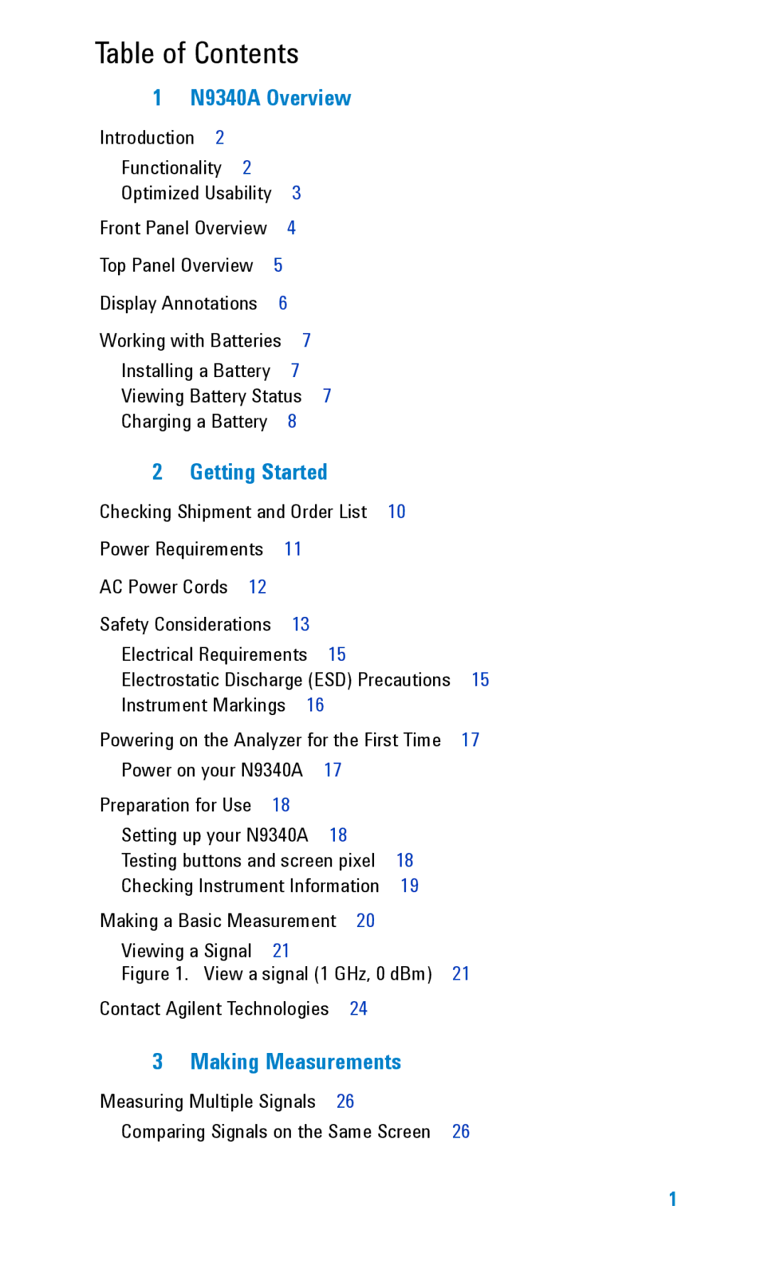 Agilent Technologies N9340A manual Table of Contents 