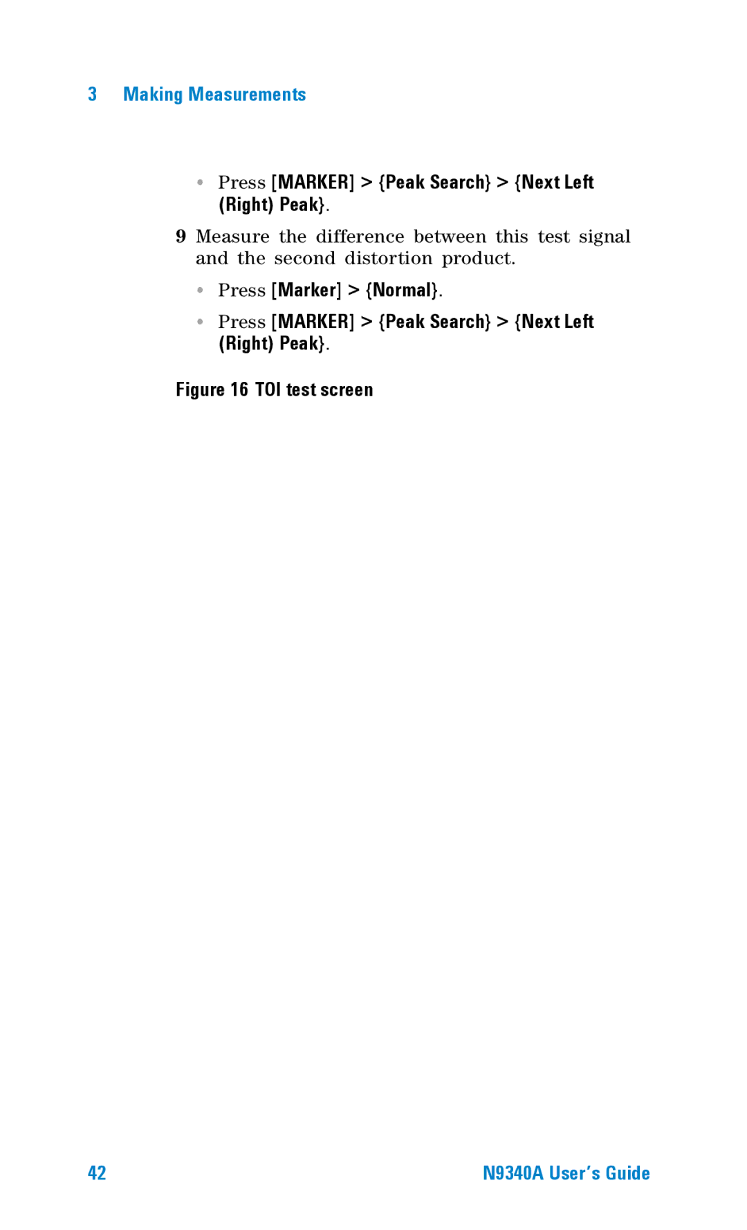 Agilent Technologies N9340A manual Press Marker Peak Search Next Left Right Peak, TOI test screen 