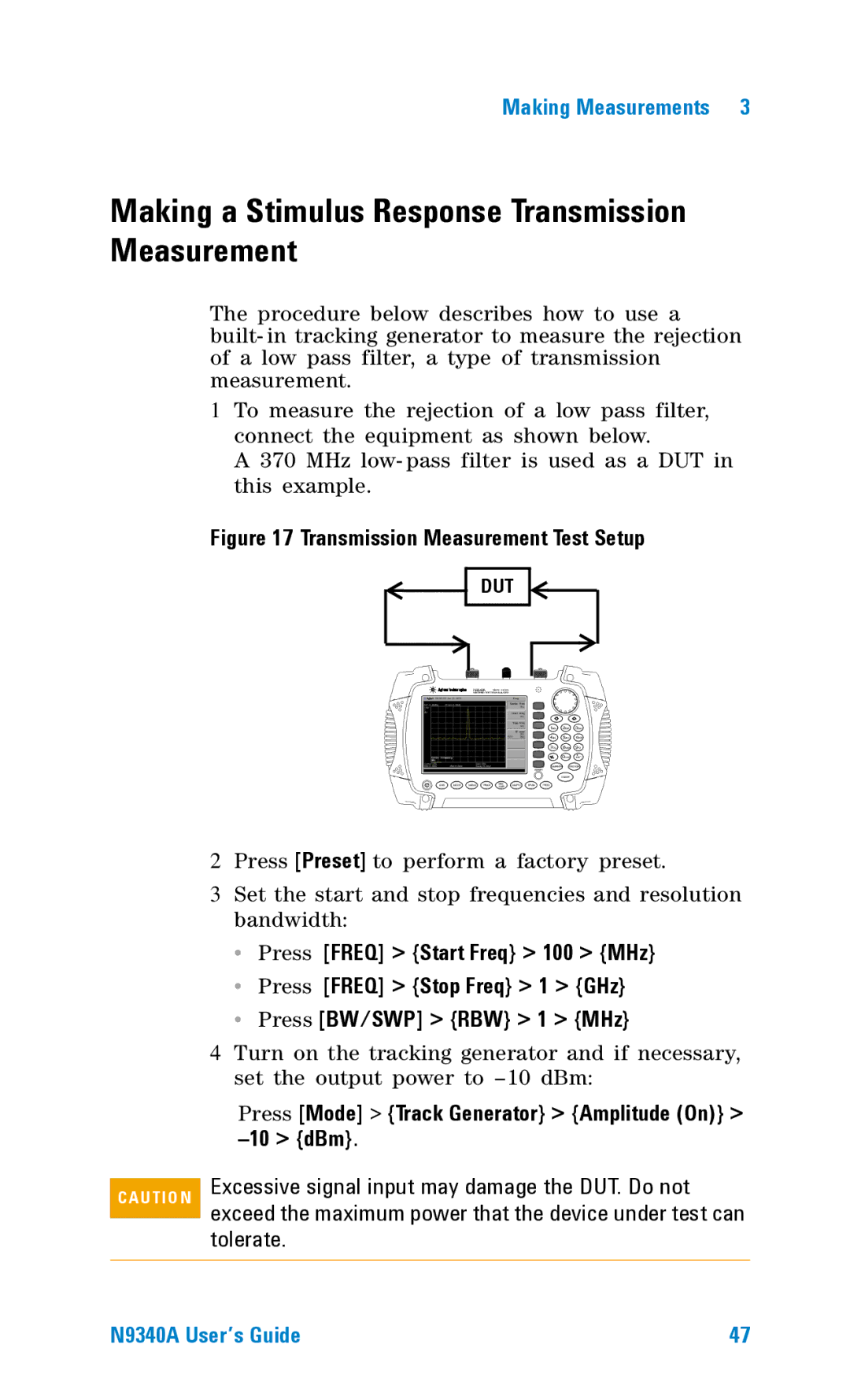 Agilent Technologies N9340A manual Making a Stimulus Response Transmission Measurement 