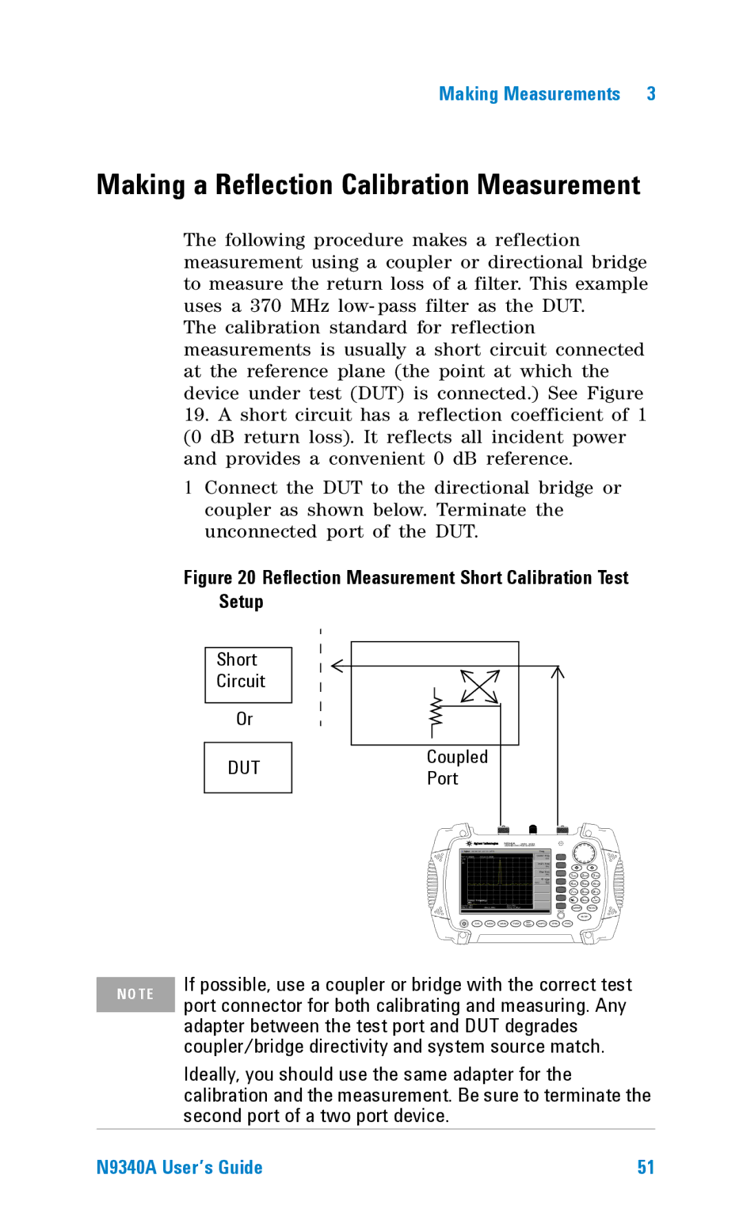 Agilent Technologies N9340A manual Making a Reflection Calibration Measurement 