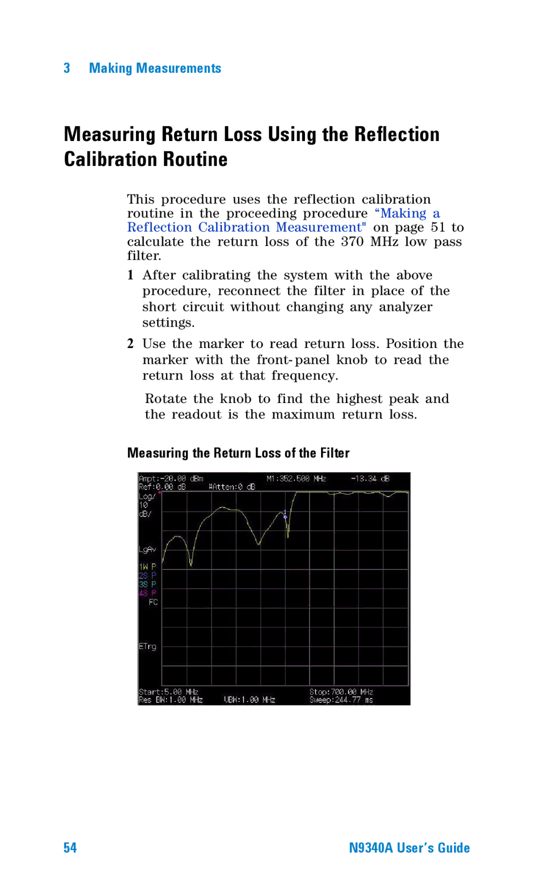 Agilent Technologies N9340A manual Measuring the Return Loss of the Filter 