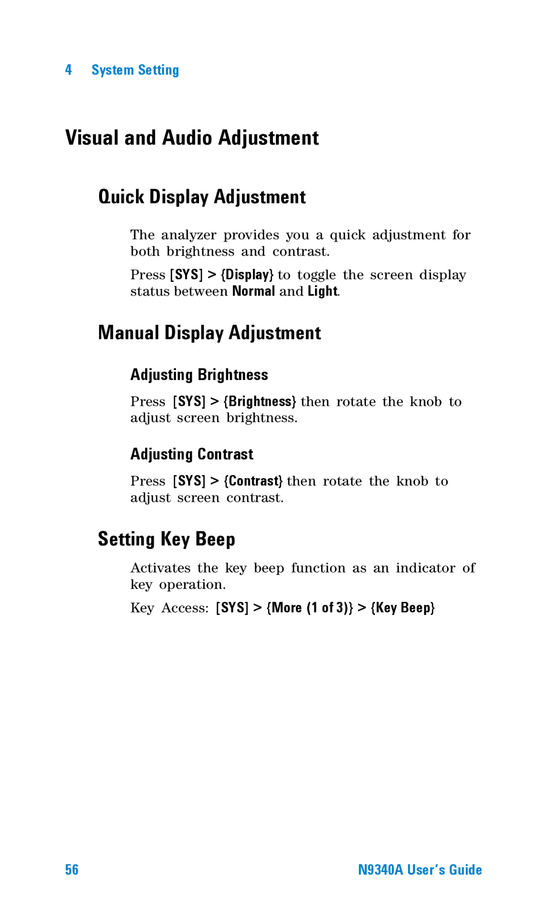 Agilent Technologies N9340A manual Visual and Audio Adjustment, Quick Display Adjustment, Manual Display Adjustment 