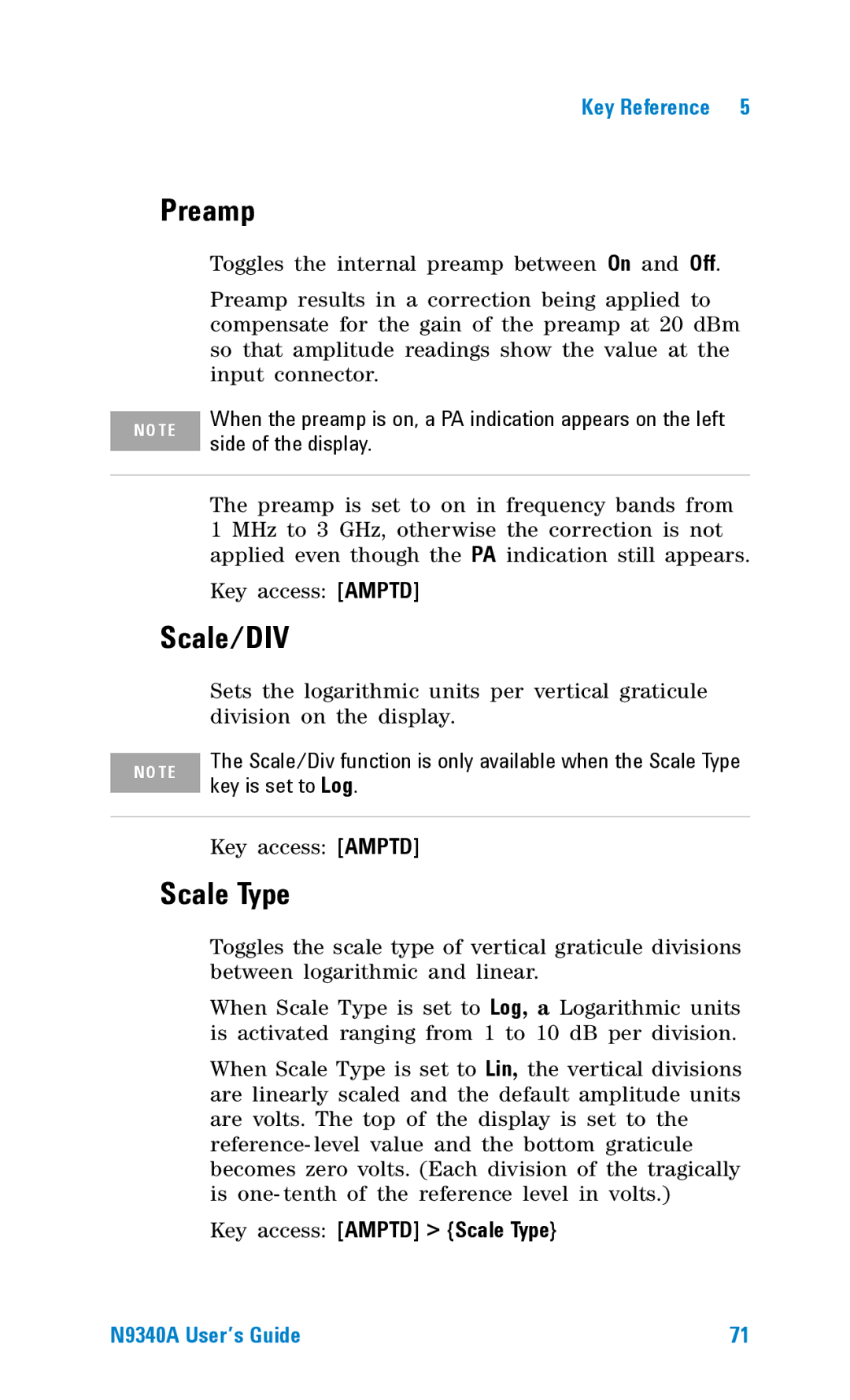 Agilent Technologies N9340A manual Preamp, Scale/DIV, Key access Amptd Scale Type 