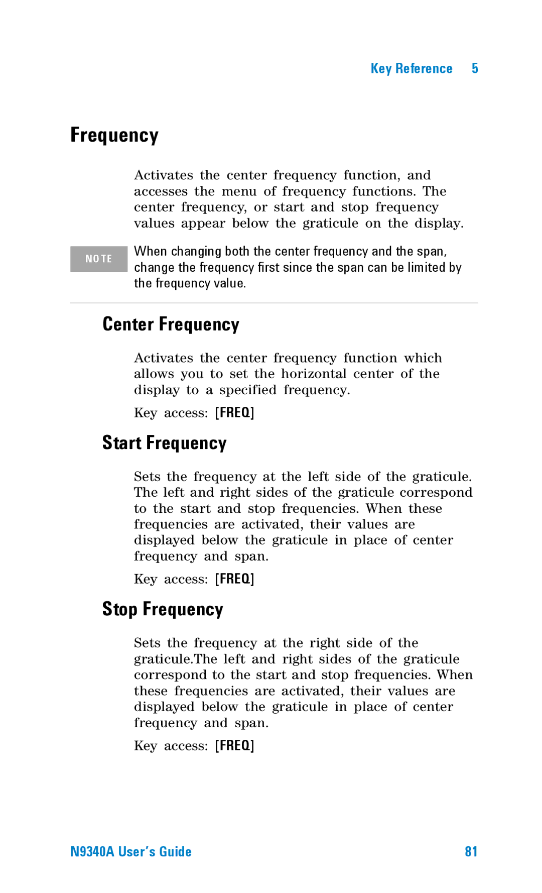 Agilent Technologies N9340A manual Center Frequency, Start Frequency, Stop Frequency, Frequency value 