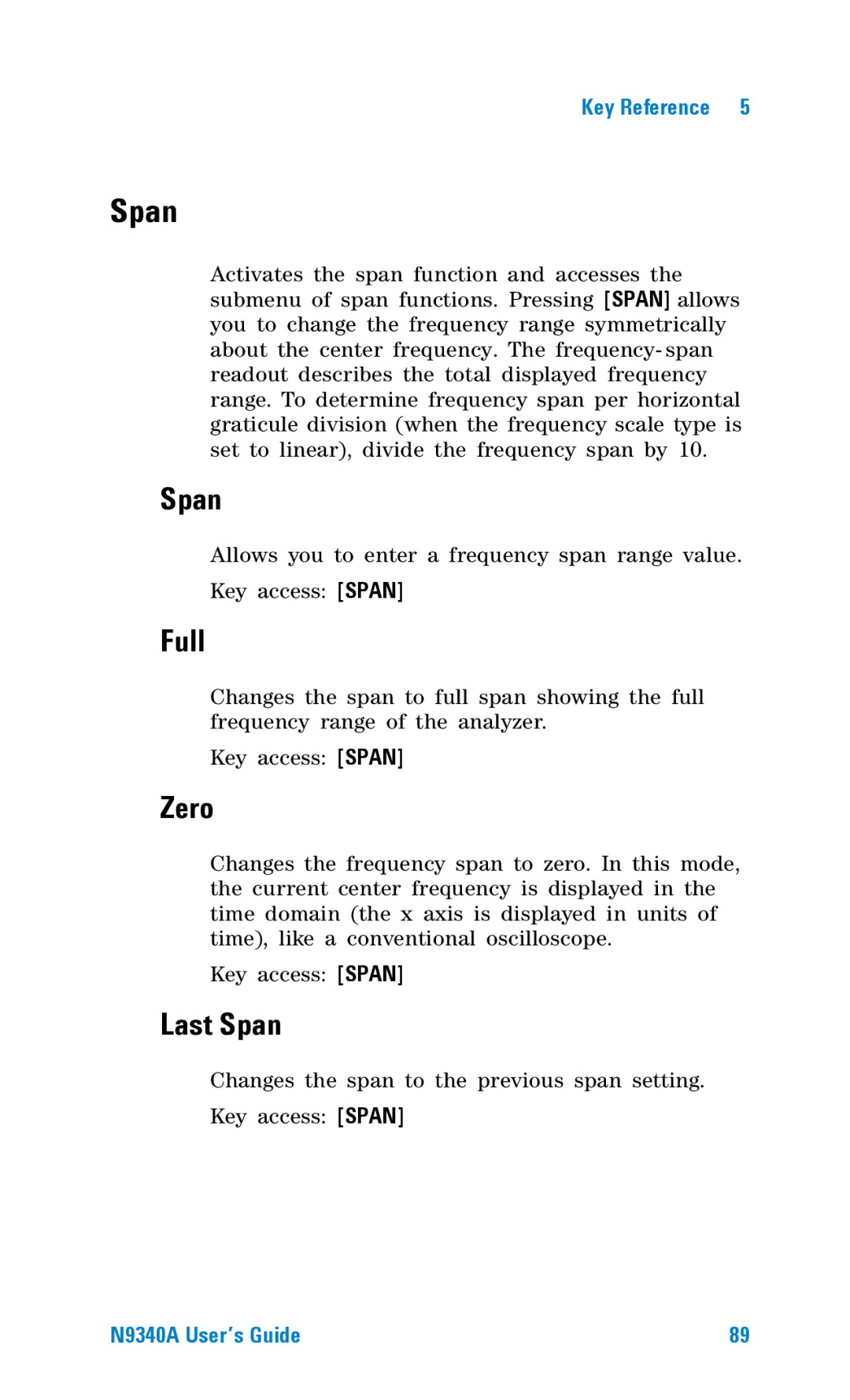 Agilent Technologies N9340A manual Full, Zero, Last Span 