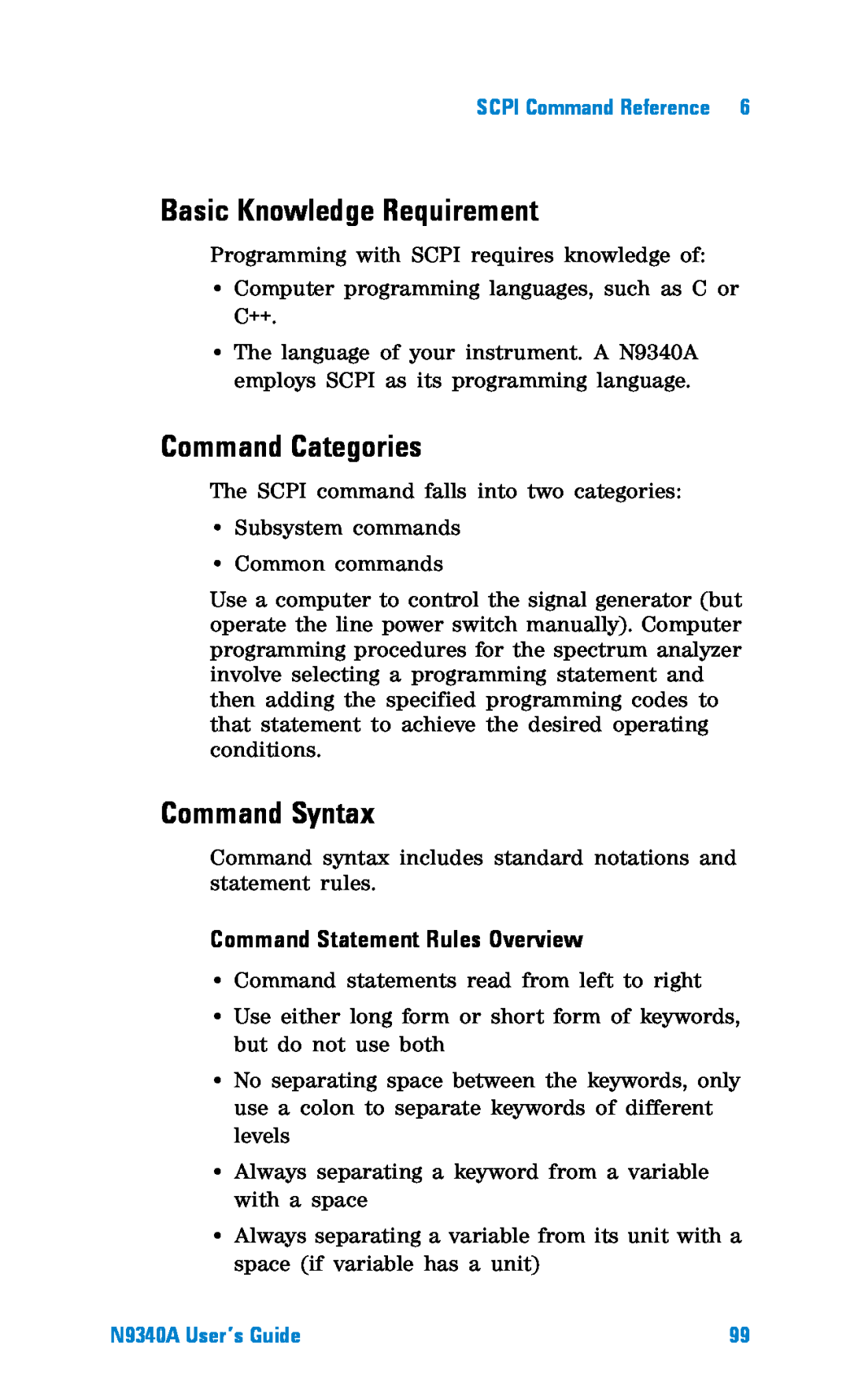 Agilent Technologies N9340A manual Basic Knowledge Requirement, Command Categories, Command Syntax, SCPI Command Reference 