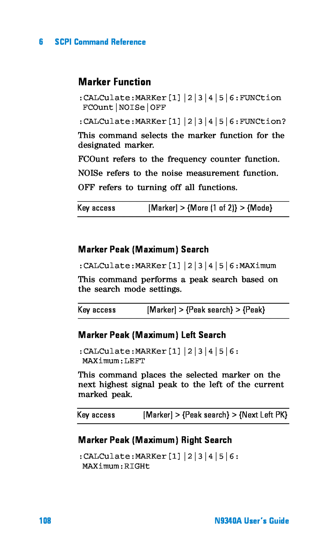 Agilent Technologies N9340A manual Marker Function, Marker Peak Maximum Search, Marker Peak Maximum Left Search 