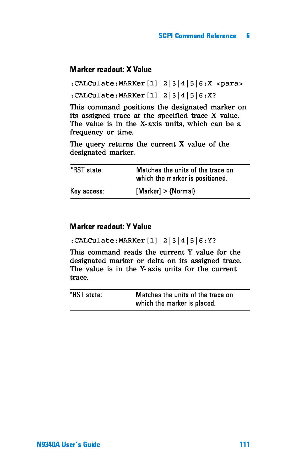 Agilent Technologies manual Marker readout X Value, Marker readout Y Value, SCPI Command Reference, N9340A User’s Guide 