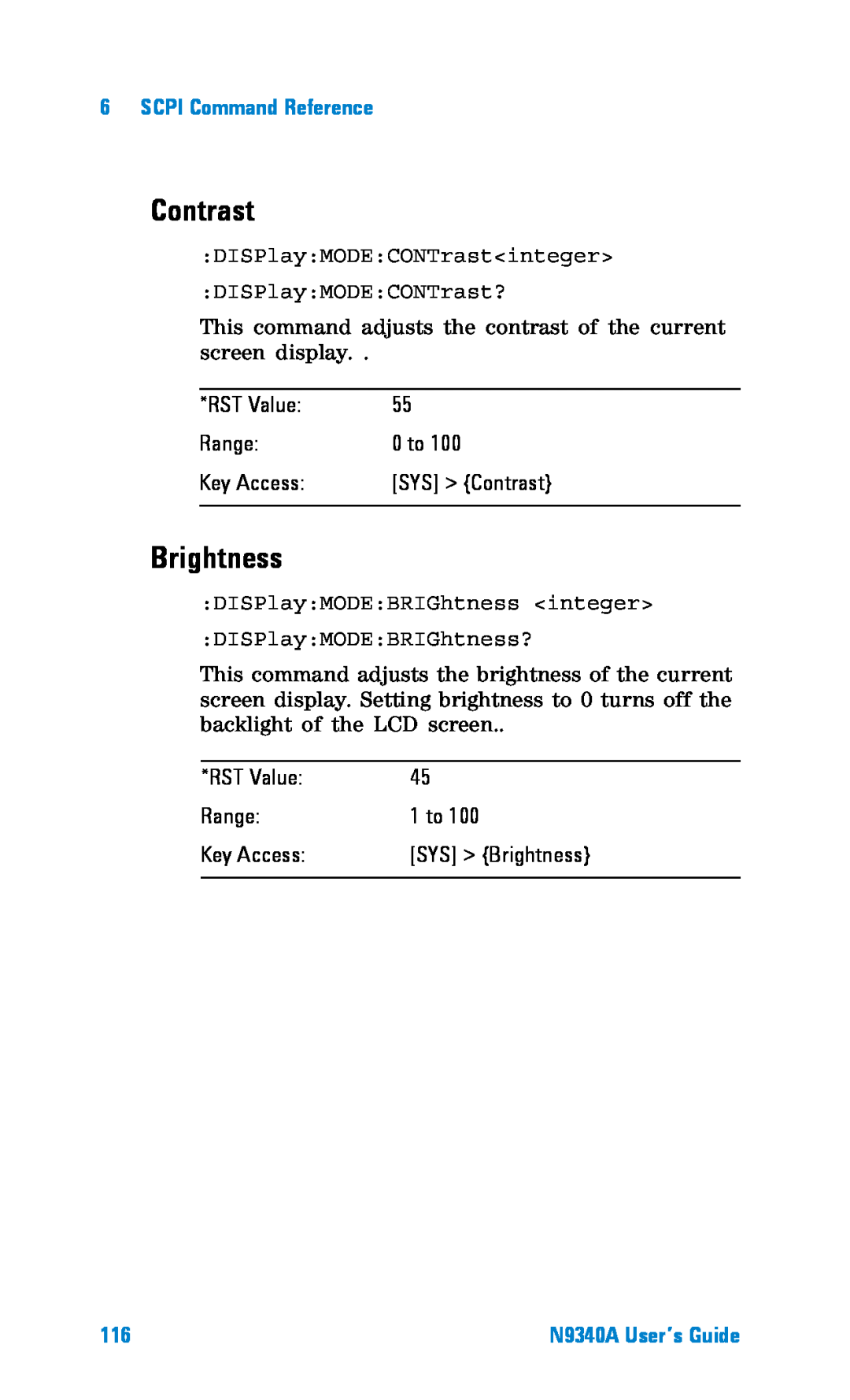 Agilent Technologies N9340A manual Contrast, Brightness, SCPI Command Reference 