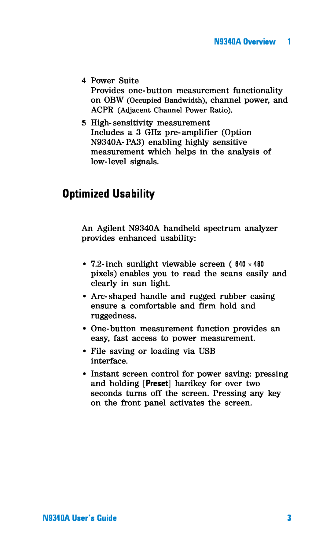 Agilent Technologies manual Optimized Usability, N9340A Overview, N9340A User’s Guide 