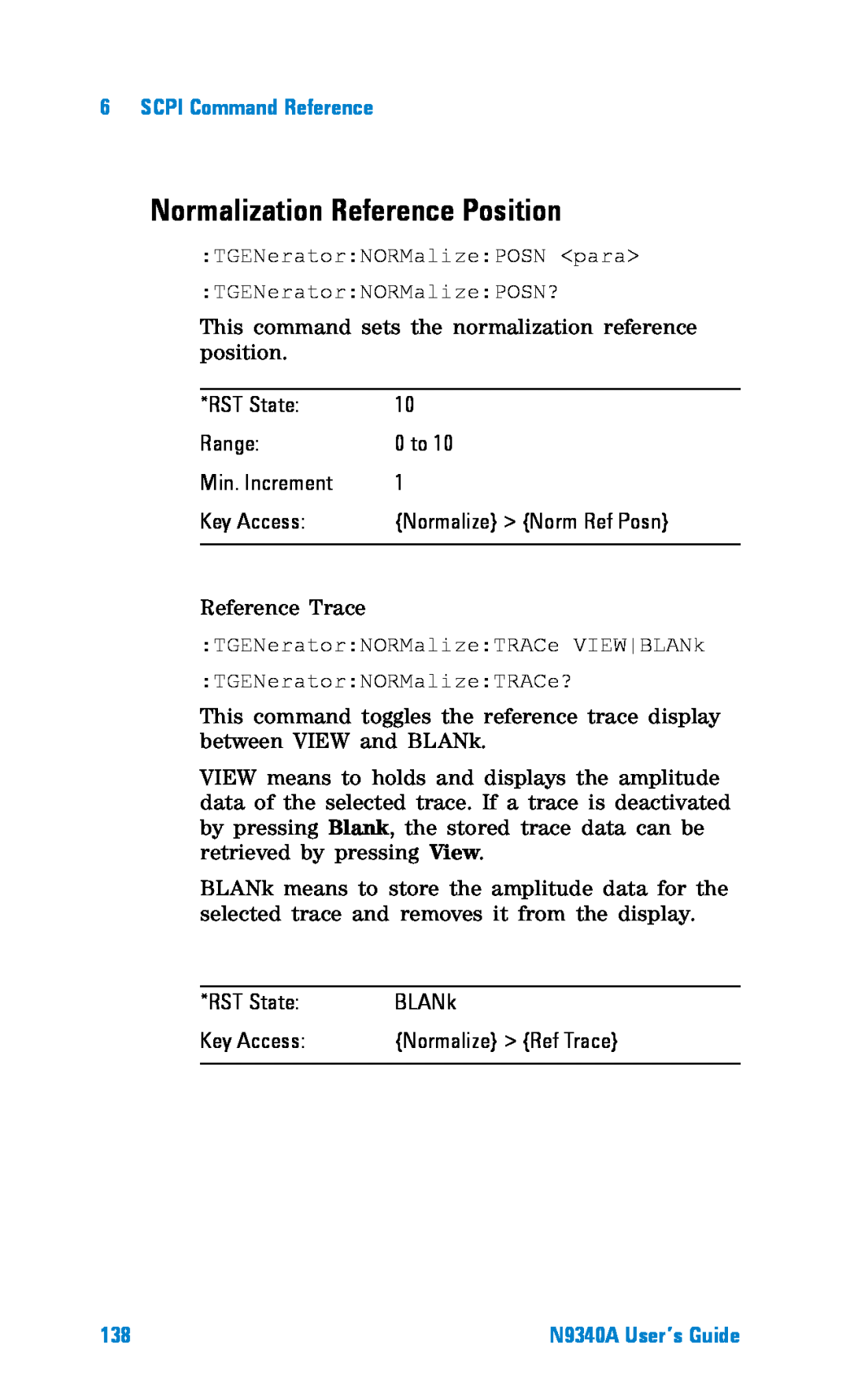 Agilent Technologies N9340A manual Normalization Reference Position, SCPI Command Reference 